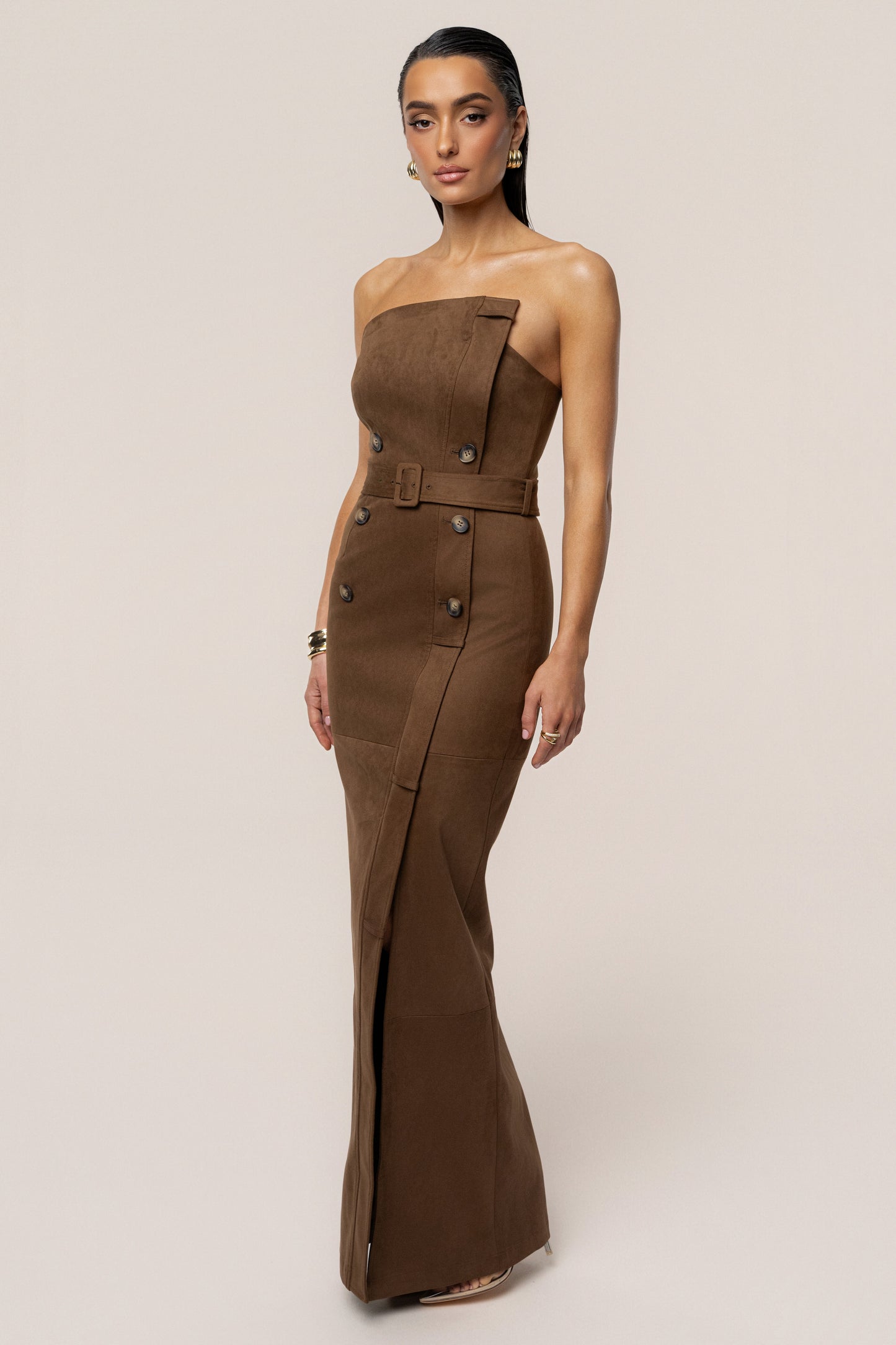 Chocolate Xena Suede Maxi Dress JLUXLABEL