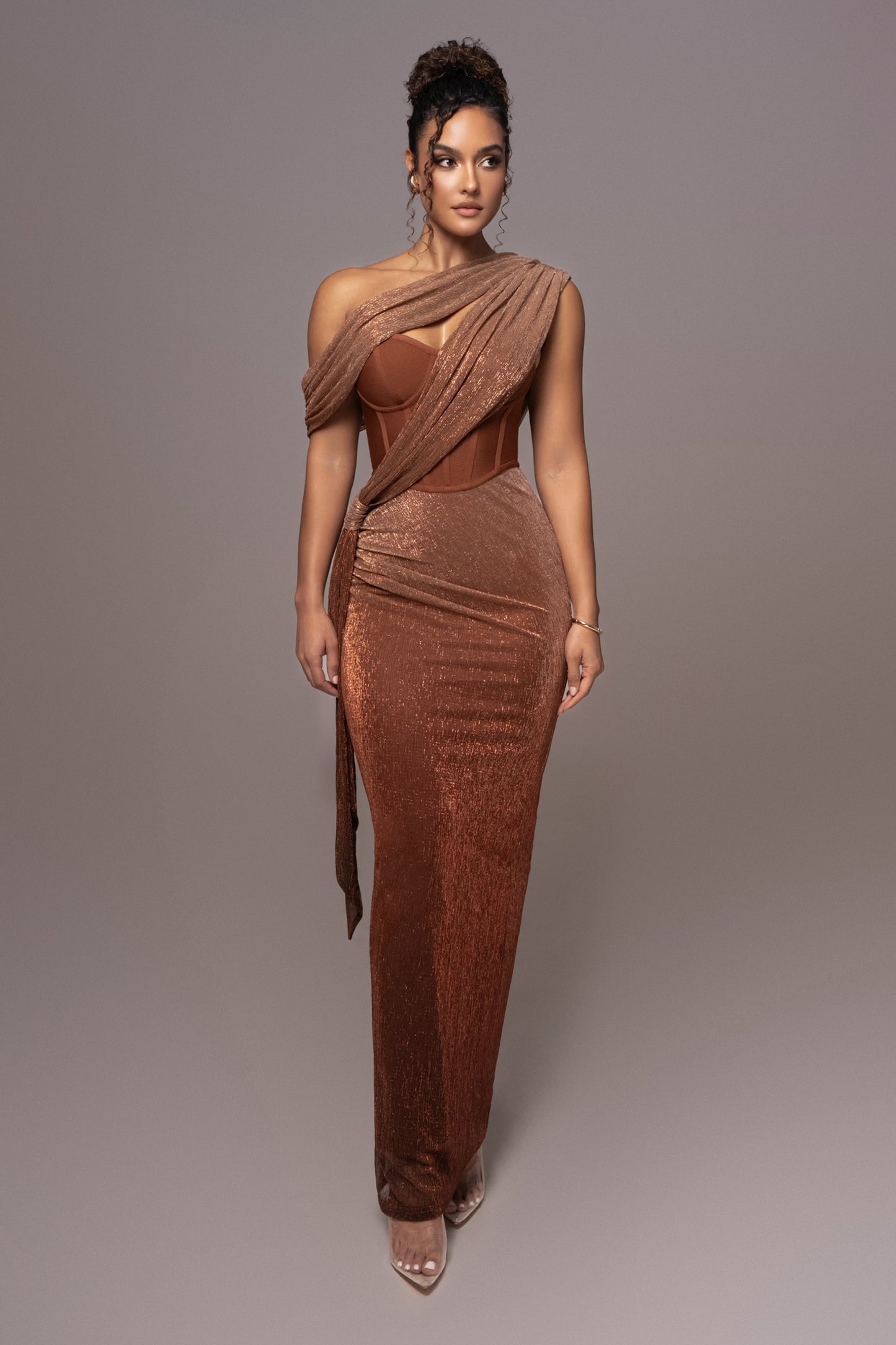 Gold Celestina Draped Maxi Dress JLUXLABEL
