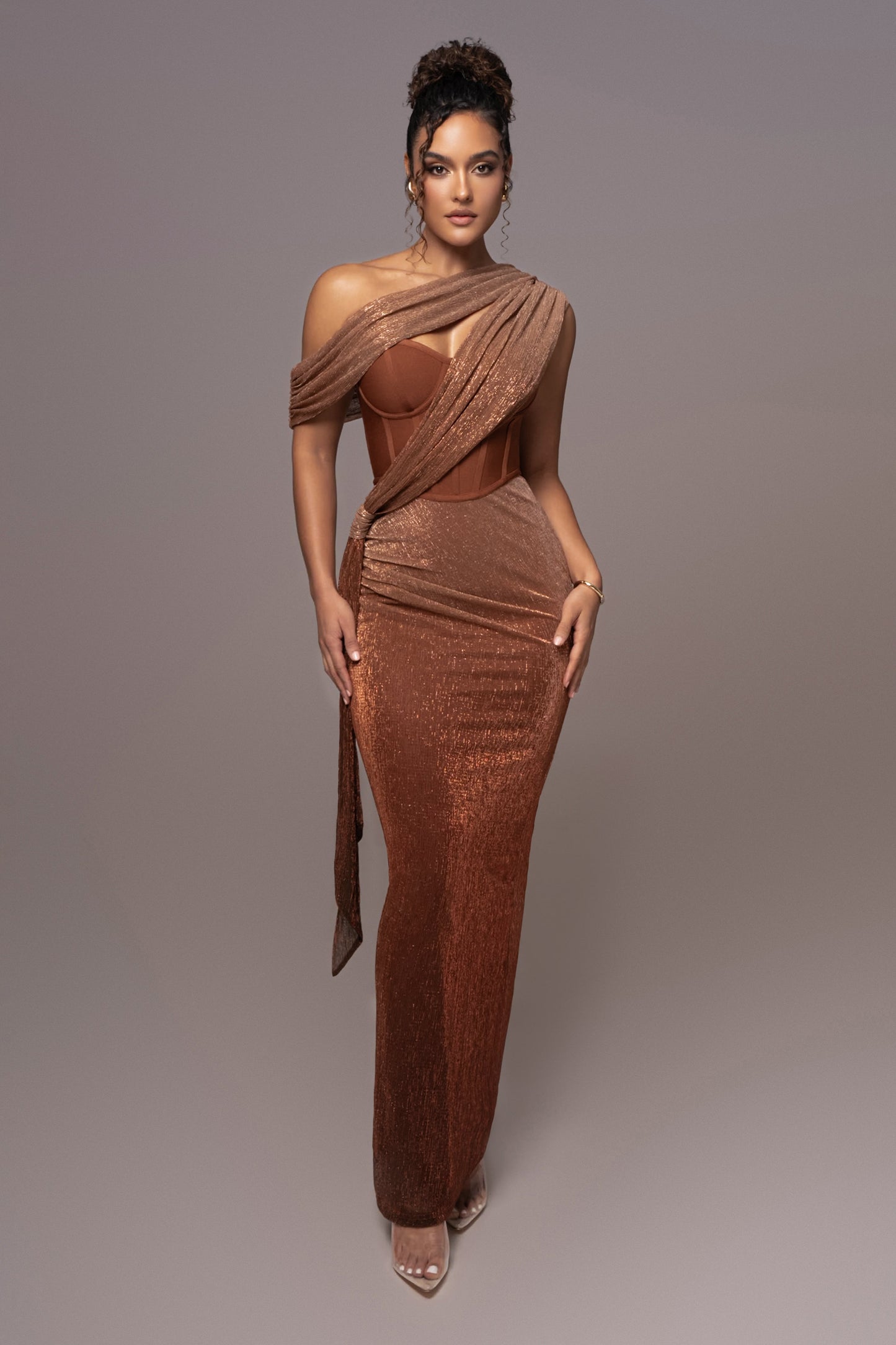 Gold Celestina Draped Maxi Dress JLUXLABEL