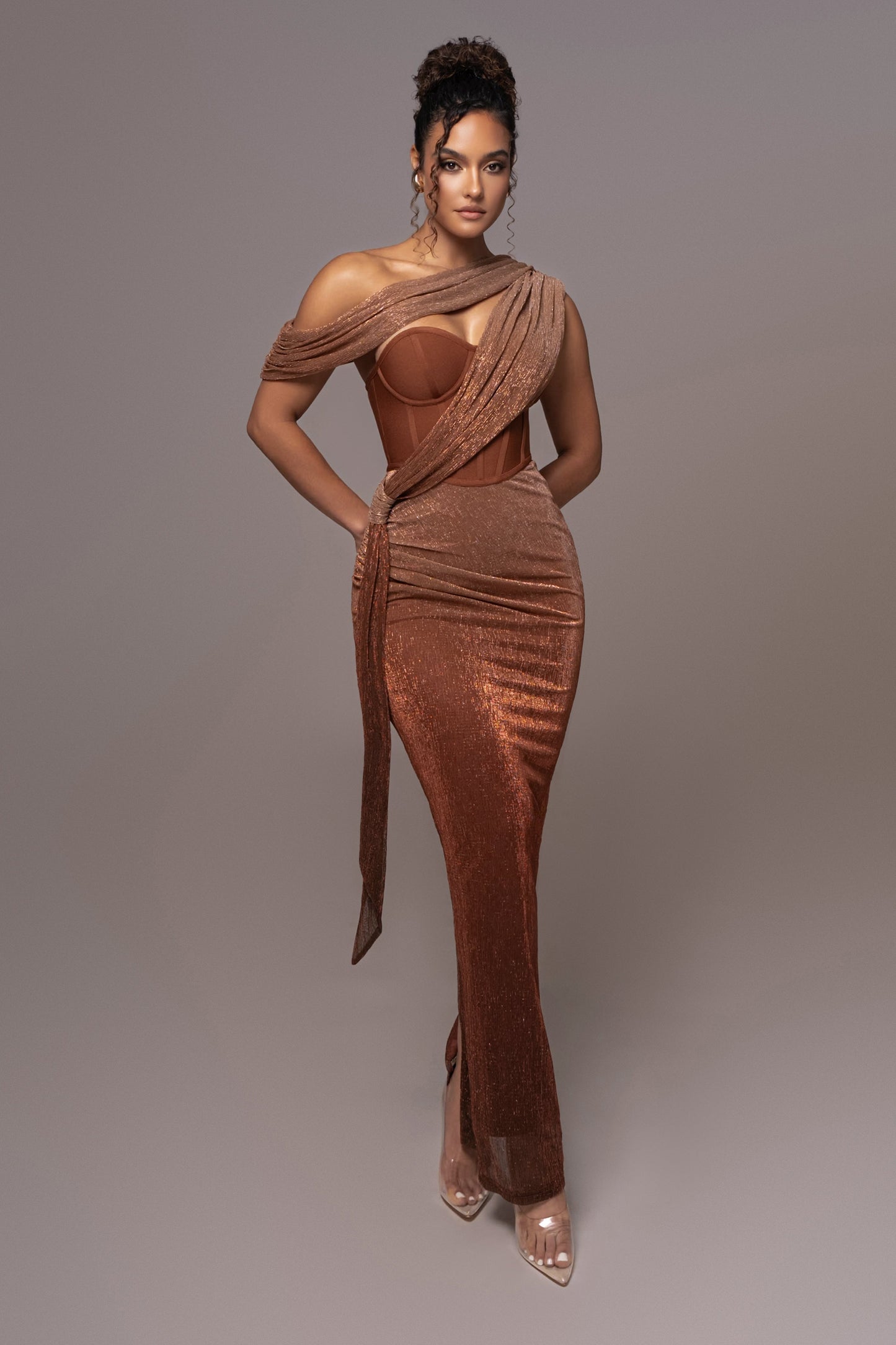 Gold Celestina Draped Maxi Dress JLUXLABEL