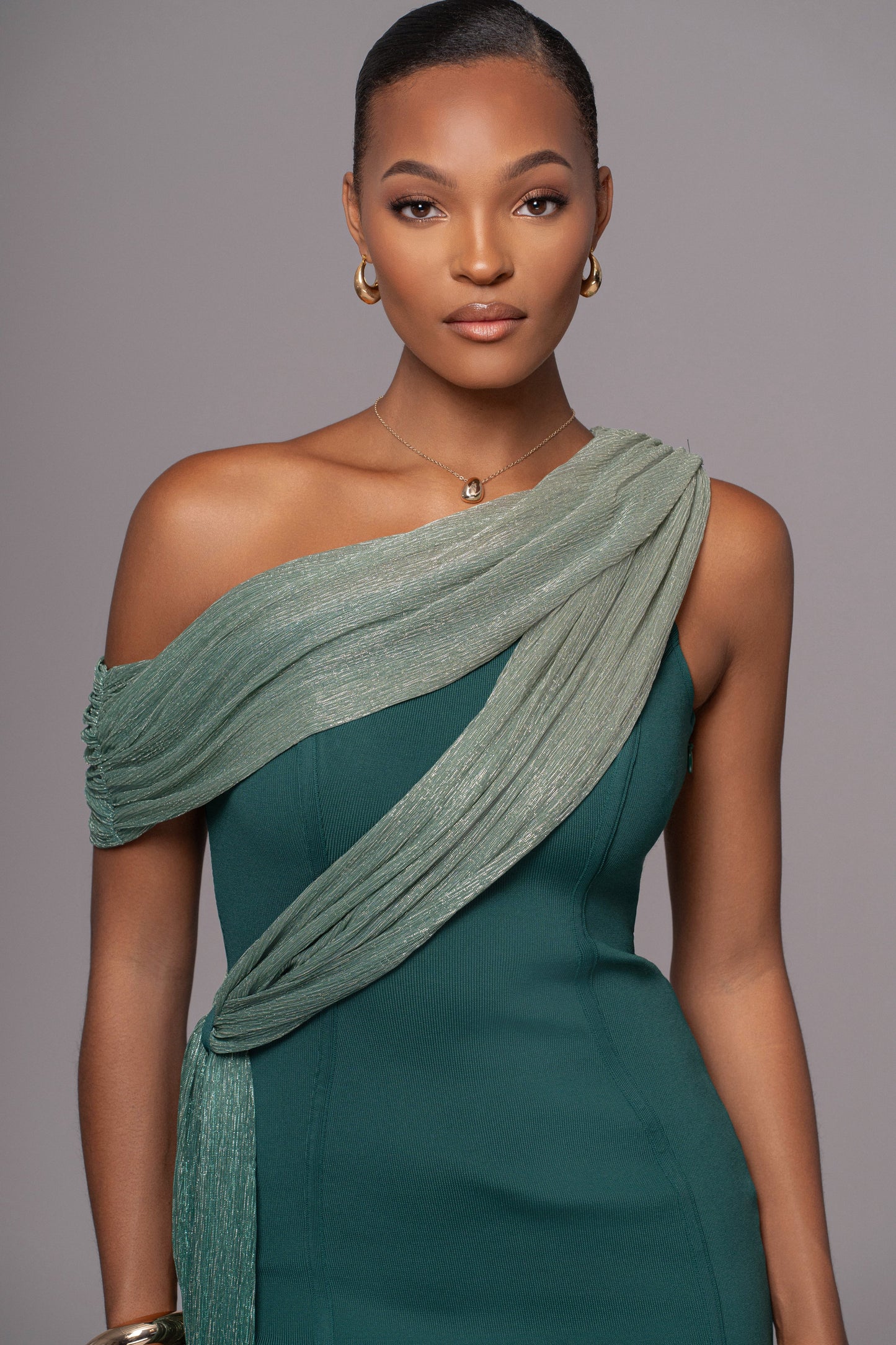 Green Asymmetric Drape Mini Dress JLUXLABEL