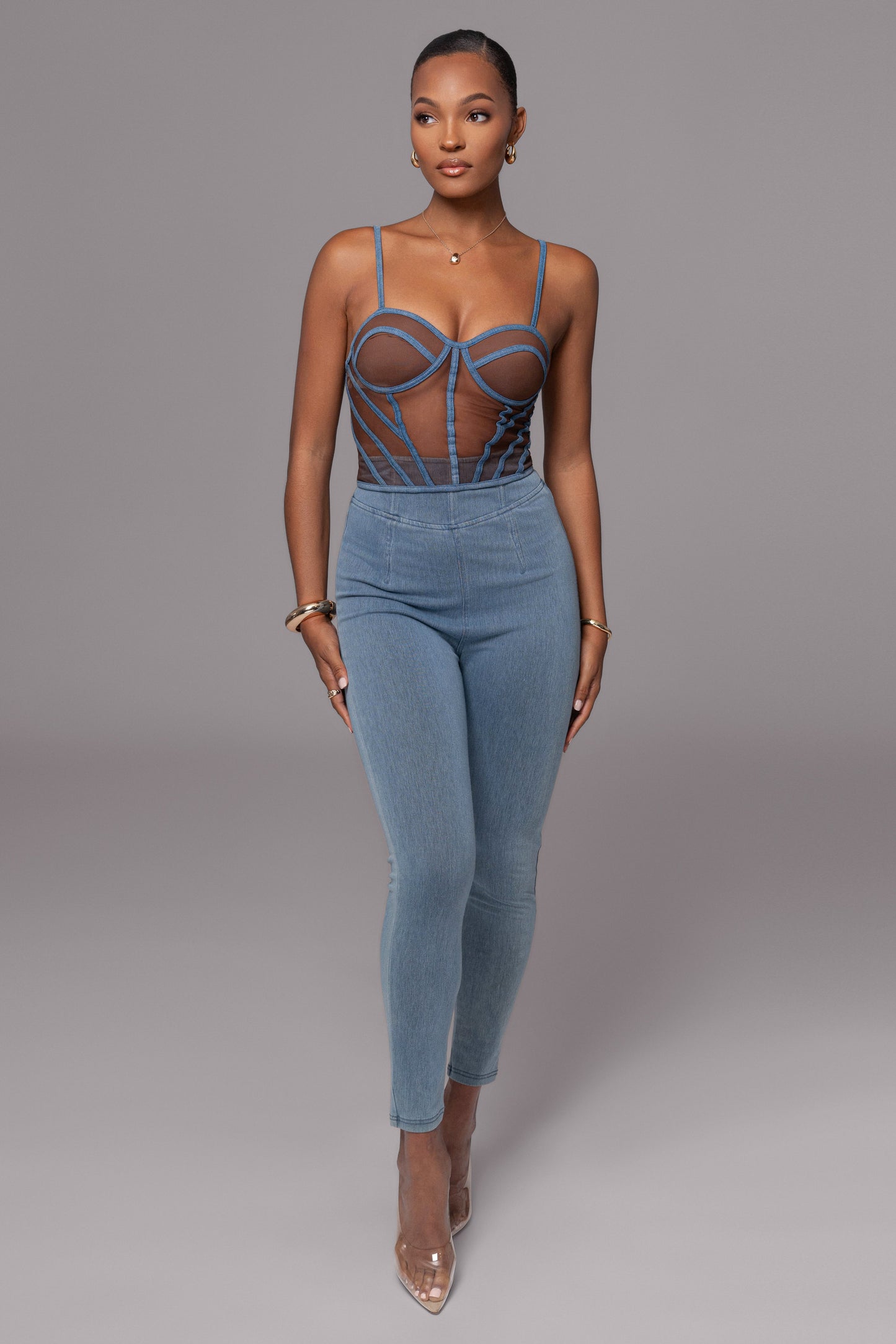 Dark Denim Illusion Mesh Bustier JLUXLABEL