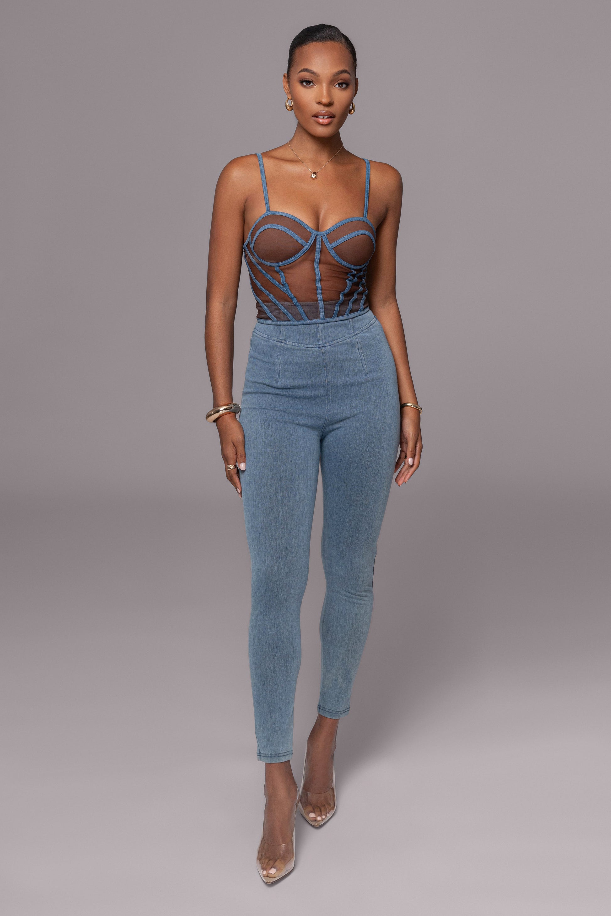 Dark Denim Illusion Mesh Bustier JLUXLABEL