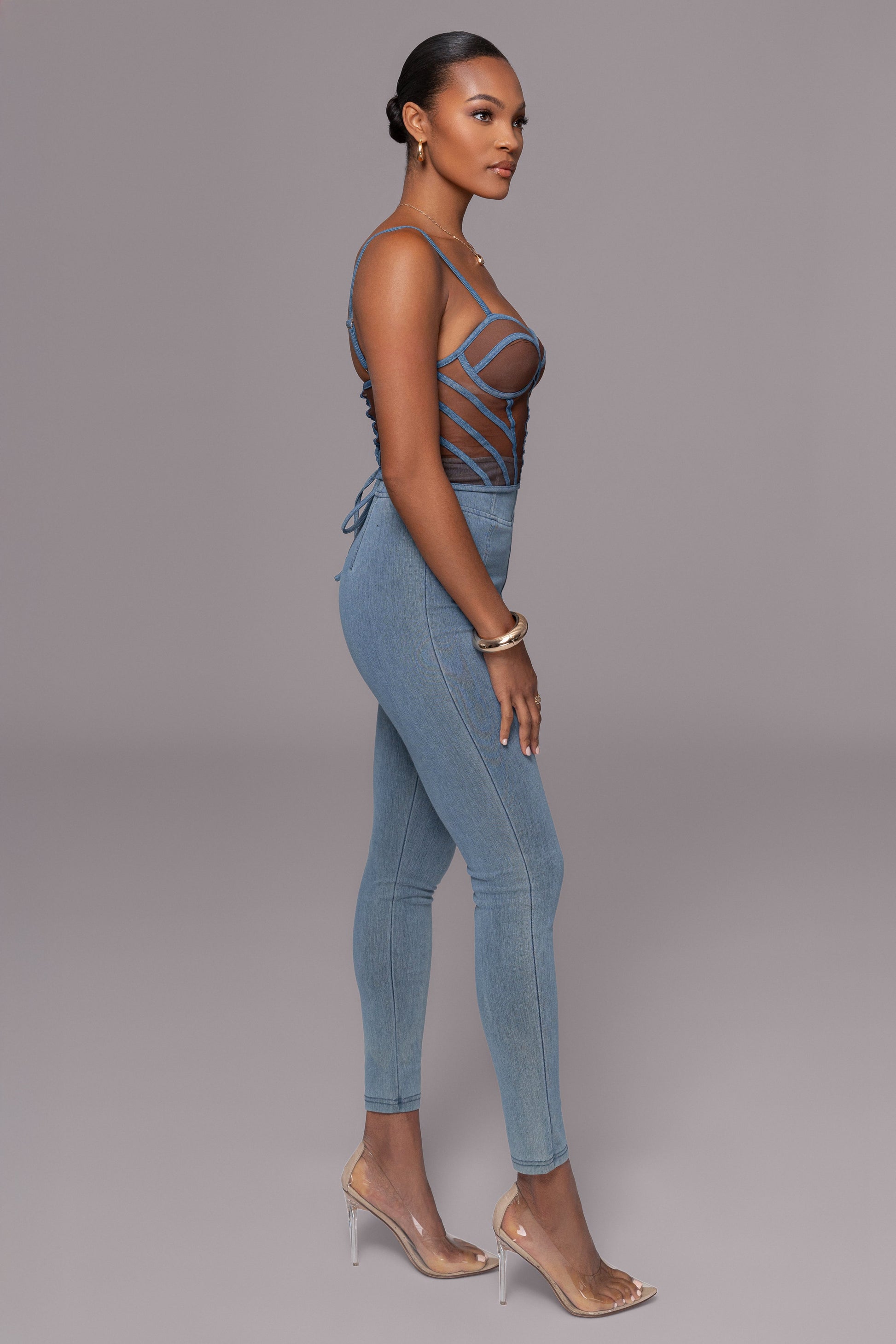 Dark Denim Illusion Mesh Bustier JLUXLABEL