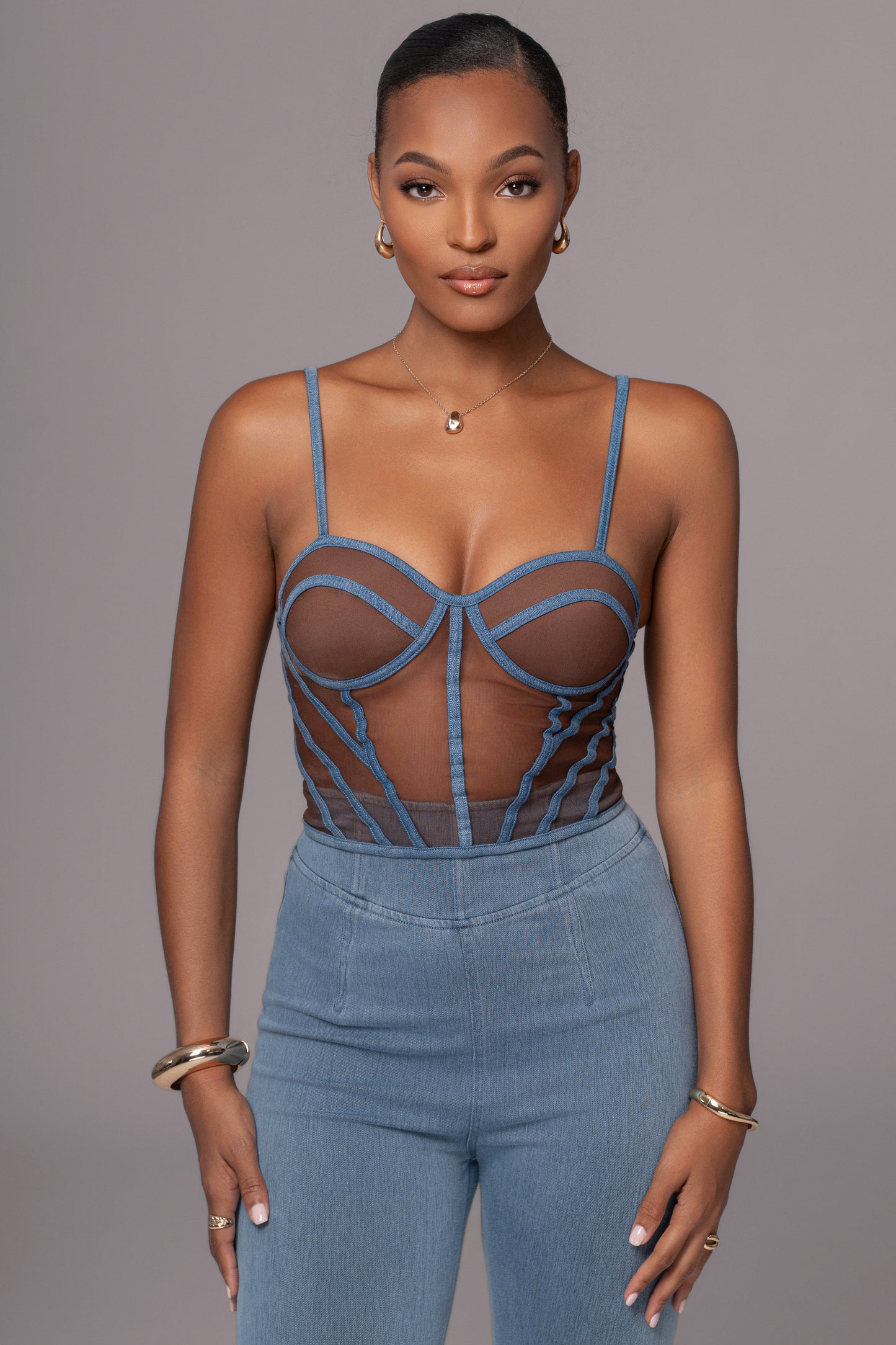Dark Denim Illusion Mesh Bustier JLUXLABEL