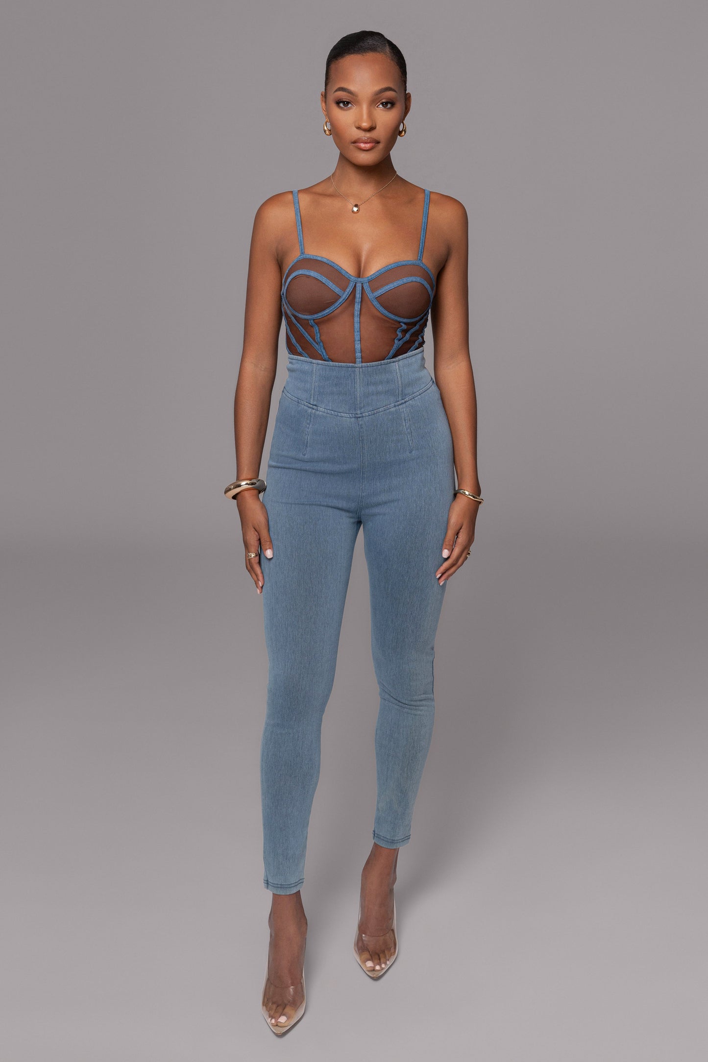 Dark Denim Illusion Mesh Bustier JLUXLABEL