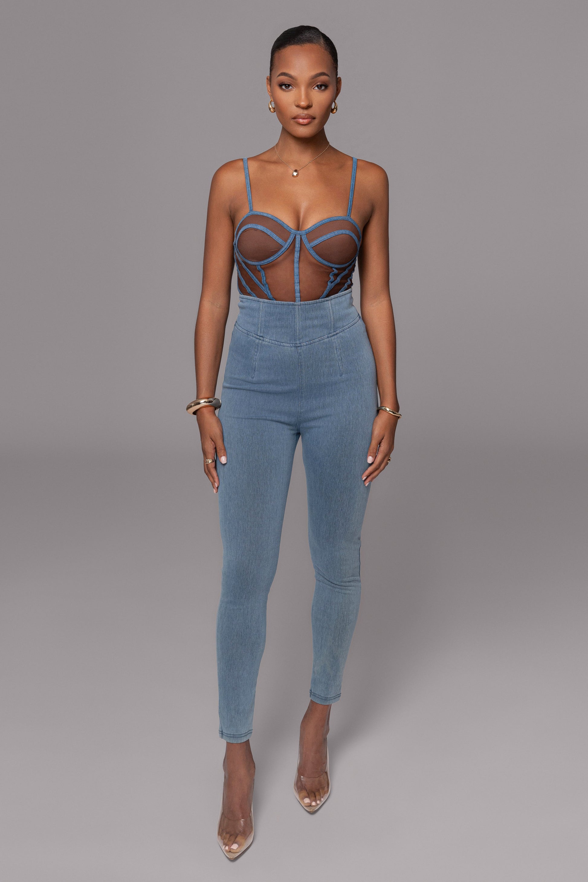 Dark Denim Illusion Mesh Bustier JLUXLABEL