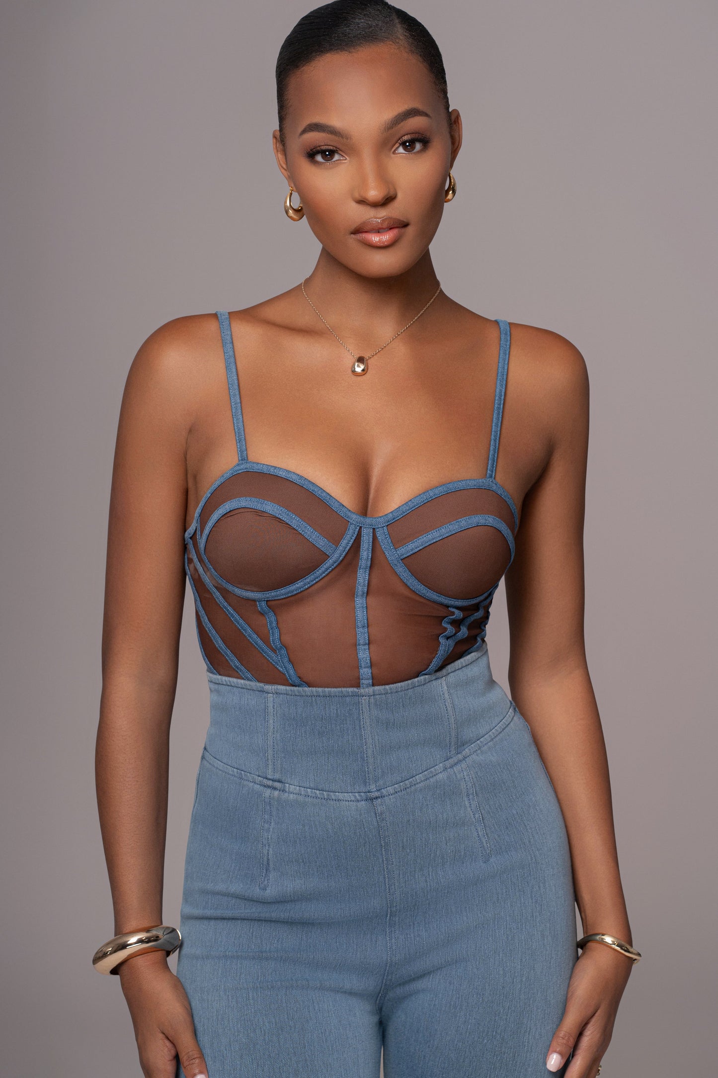 Dark Denim Illusion Mesh Bustier JLUXLABEL