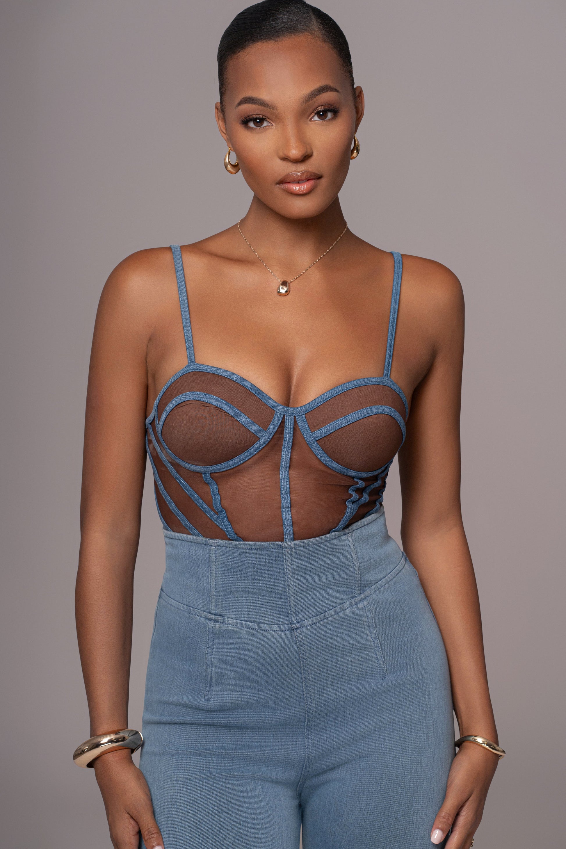 Dark Denim Illusion Mesh Bustier JLUXLABEL