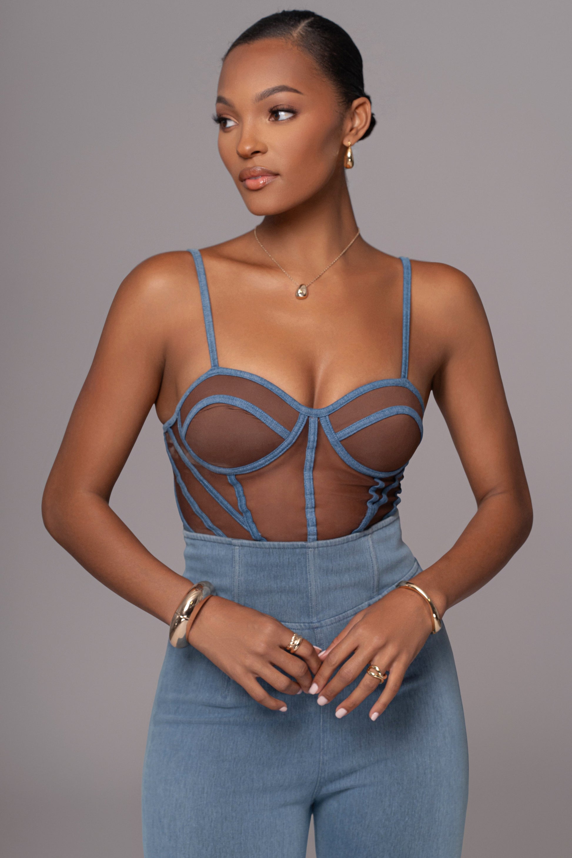 Dark Denim Illusion Mesh Bustier JLUXLABEL