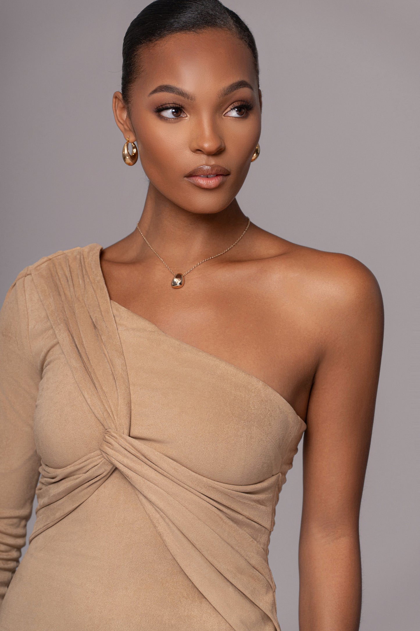 Beige Dayanna Suede Midi Dress JLUXLABEL