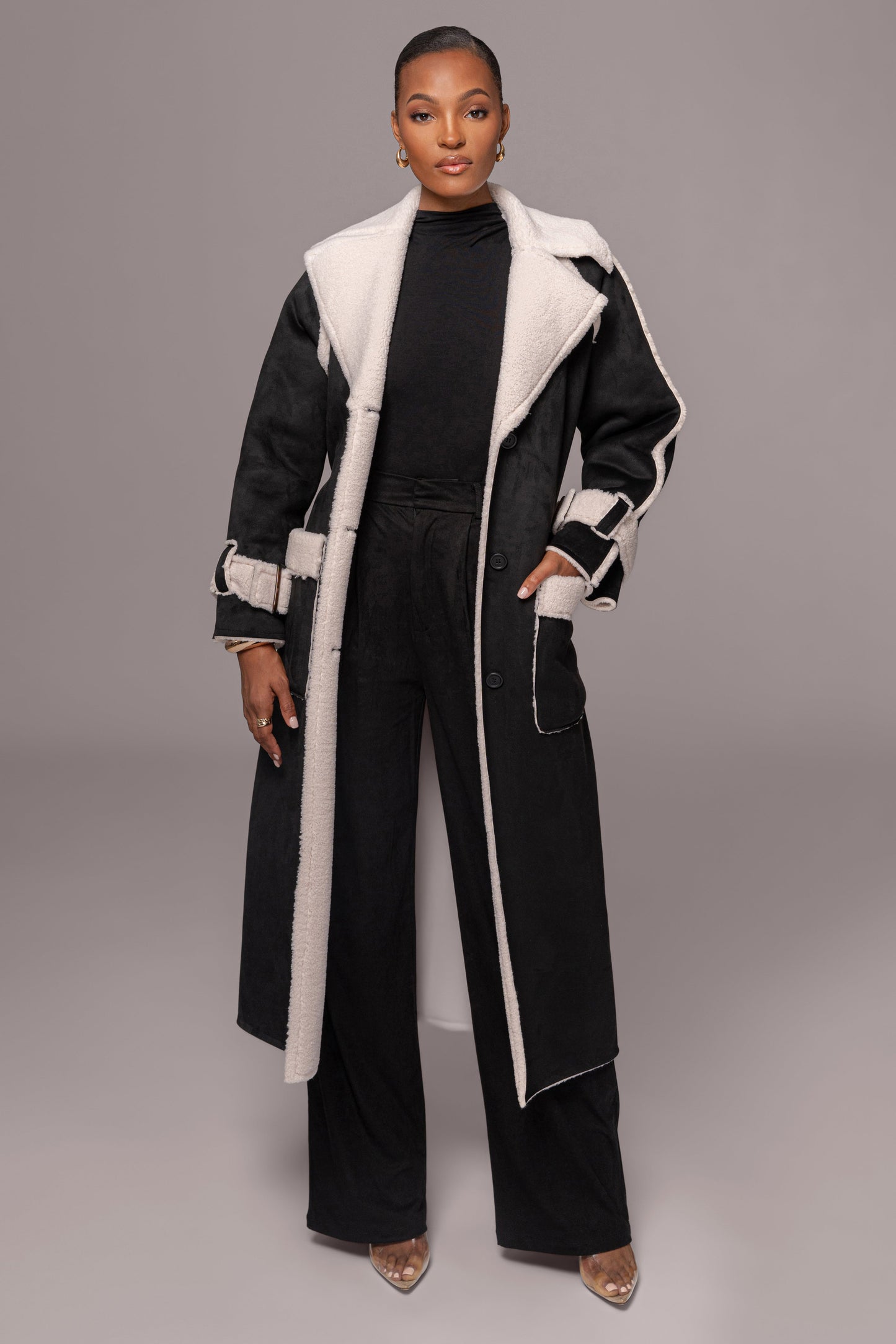 Black Suede And Sherpa Reversible Coat JLUXLABEL