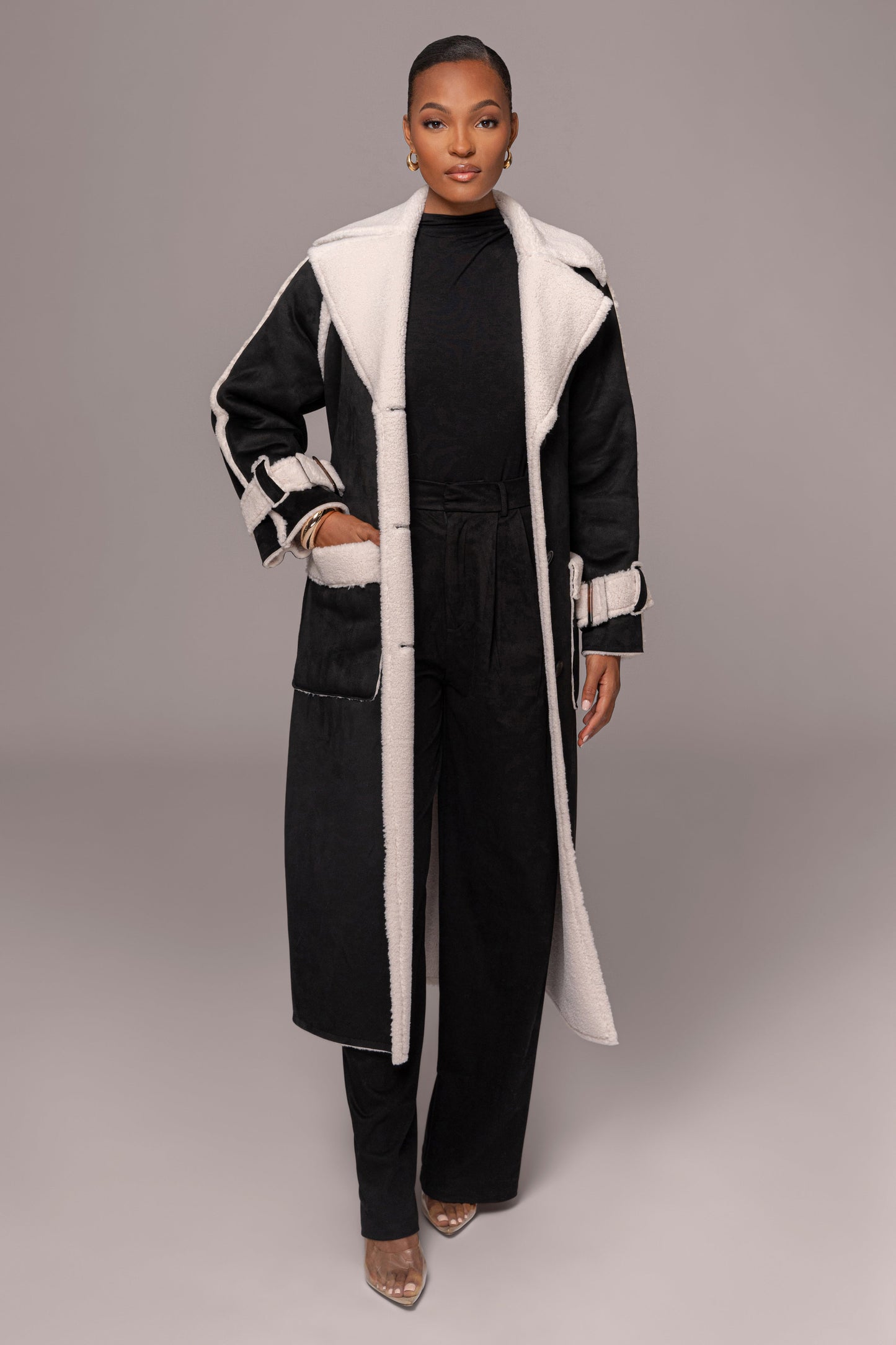Black Suede And Sherpa Reversible Coat JLUXLABEL