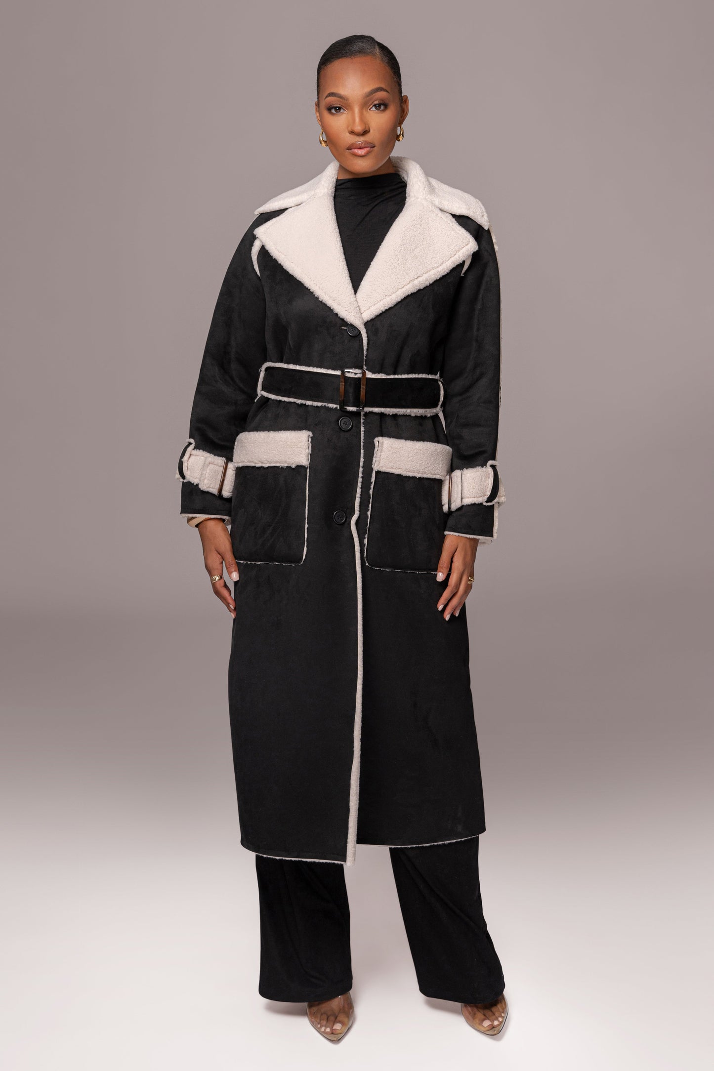 Black Suede And Sherpa Reversible Coat JLUXLABEL