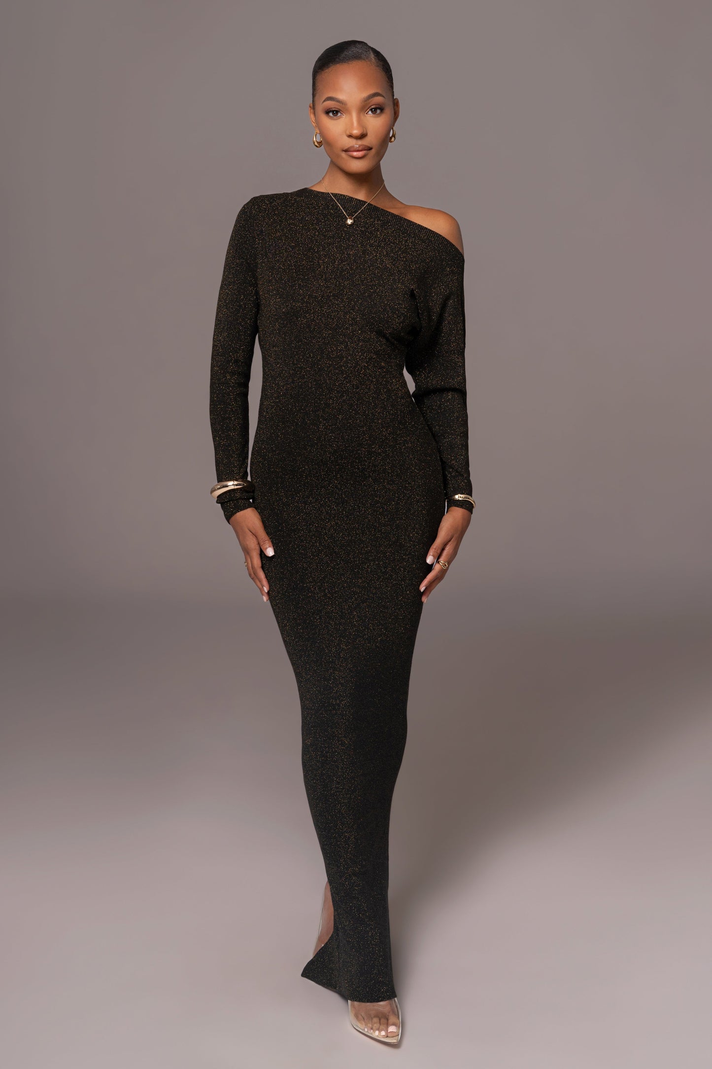 Black Night Shimmers Asymmetrical Maxi Dress JLUXLABEL