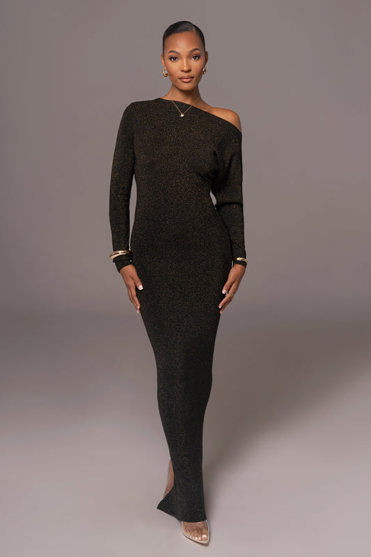 Black Night Shimmers Asymmetrical Maxi Dress JLUXLABEL