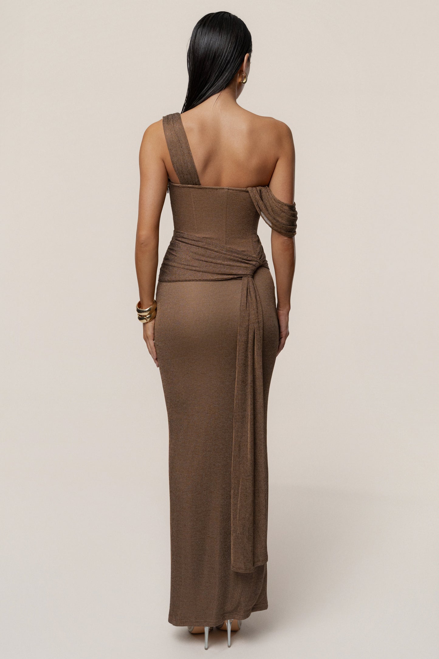 Bronze Draped Metallic Maxi Dress JLUXLABEL