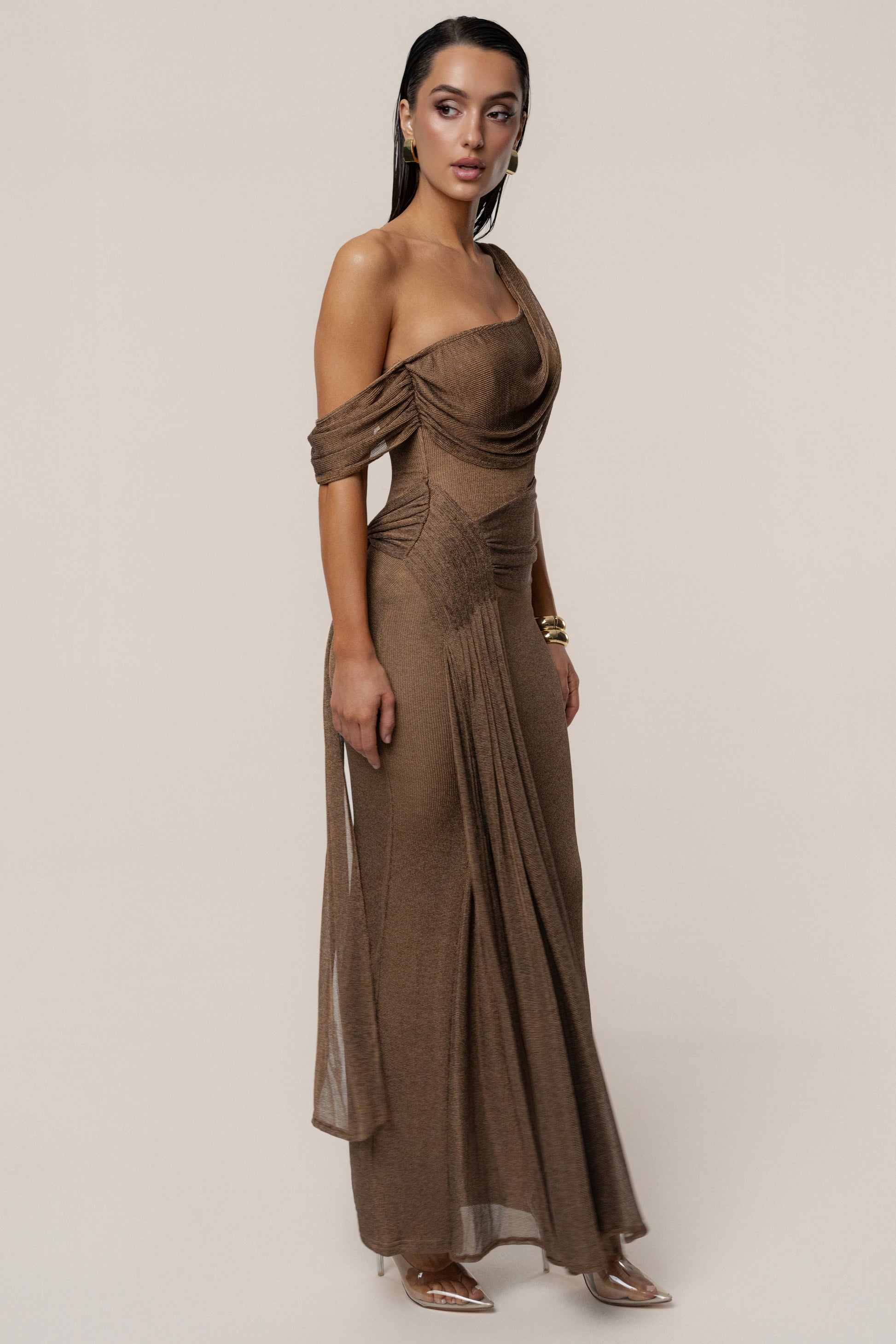 Bronze Draped Metallic Maxi Dress JLUXLABEL