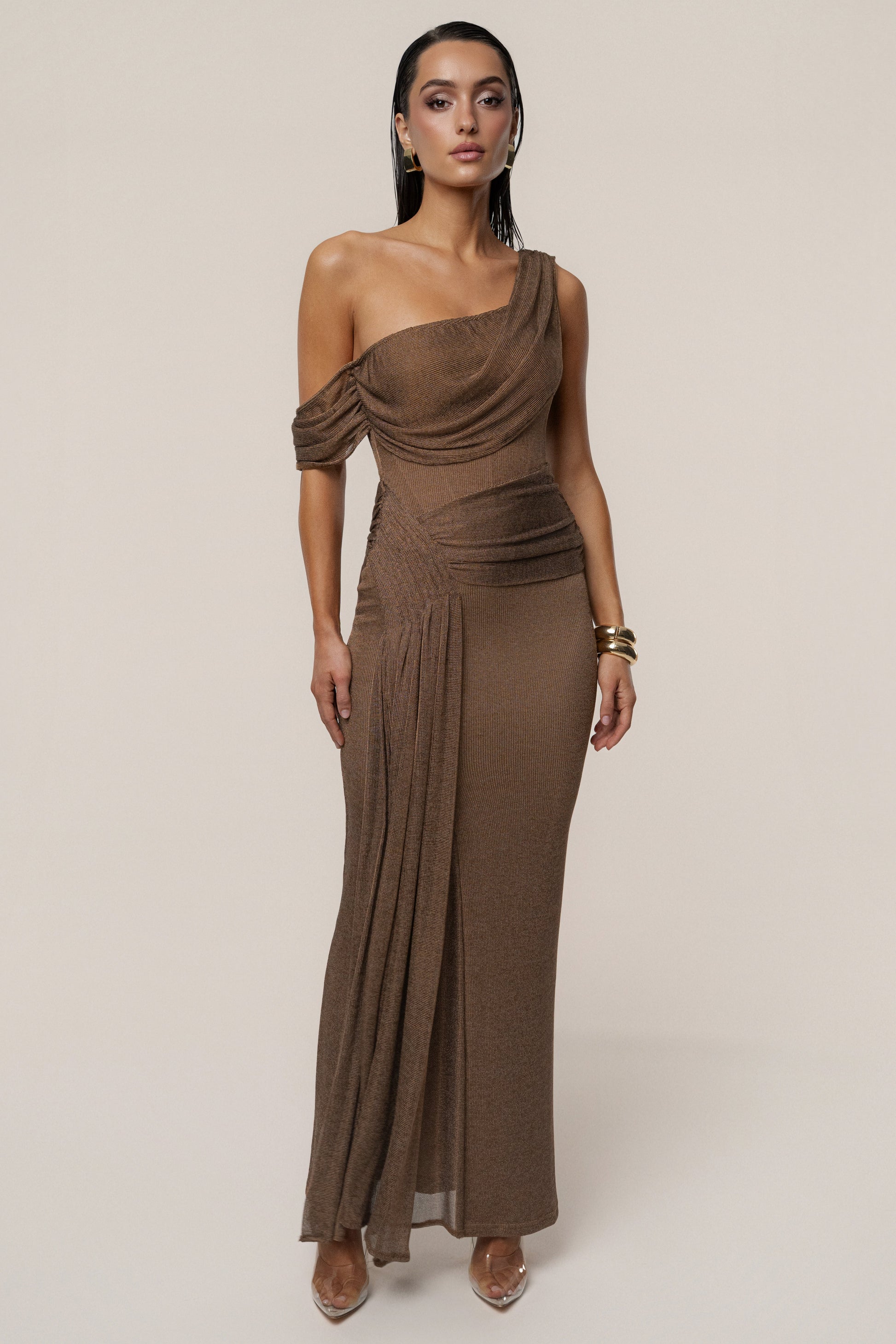 Bronze Draped Metallic Maxi Dress JLUXLABEL