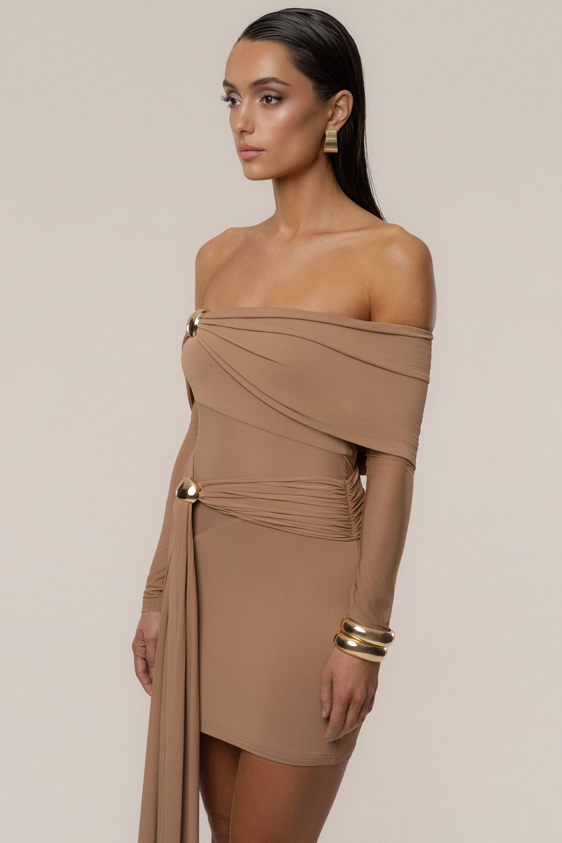 Beige Glow State Drape Dress JLUXLABEL