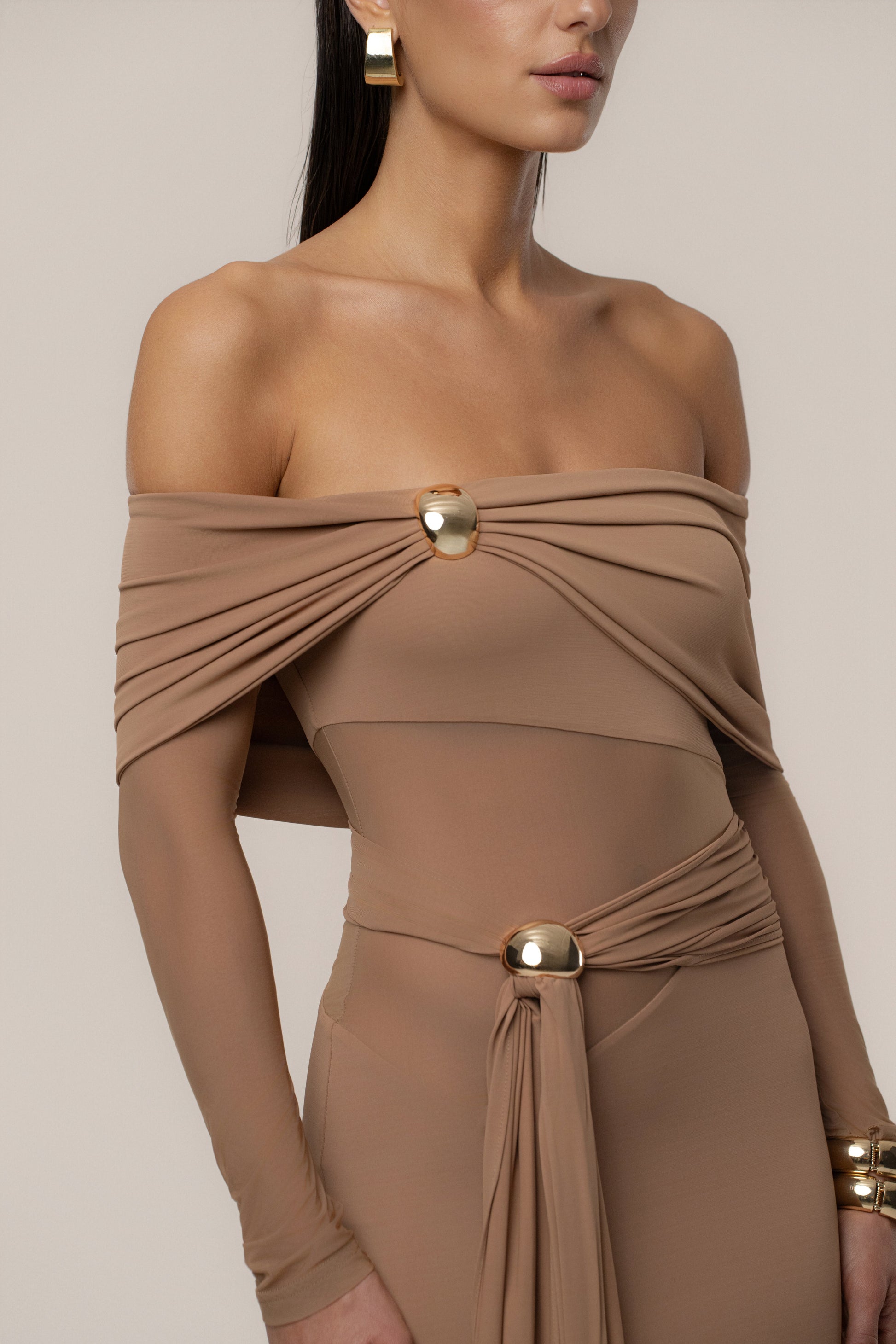 Beige Glow State Drape Dress JLUXLABEL