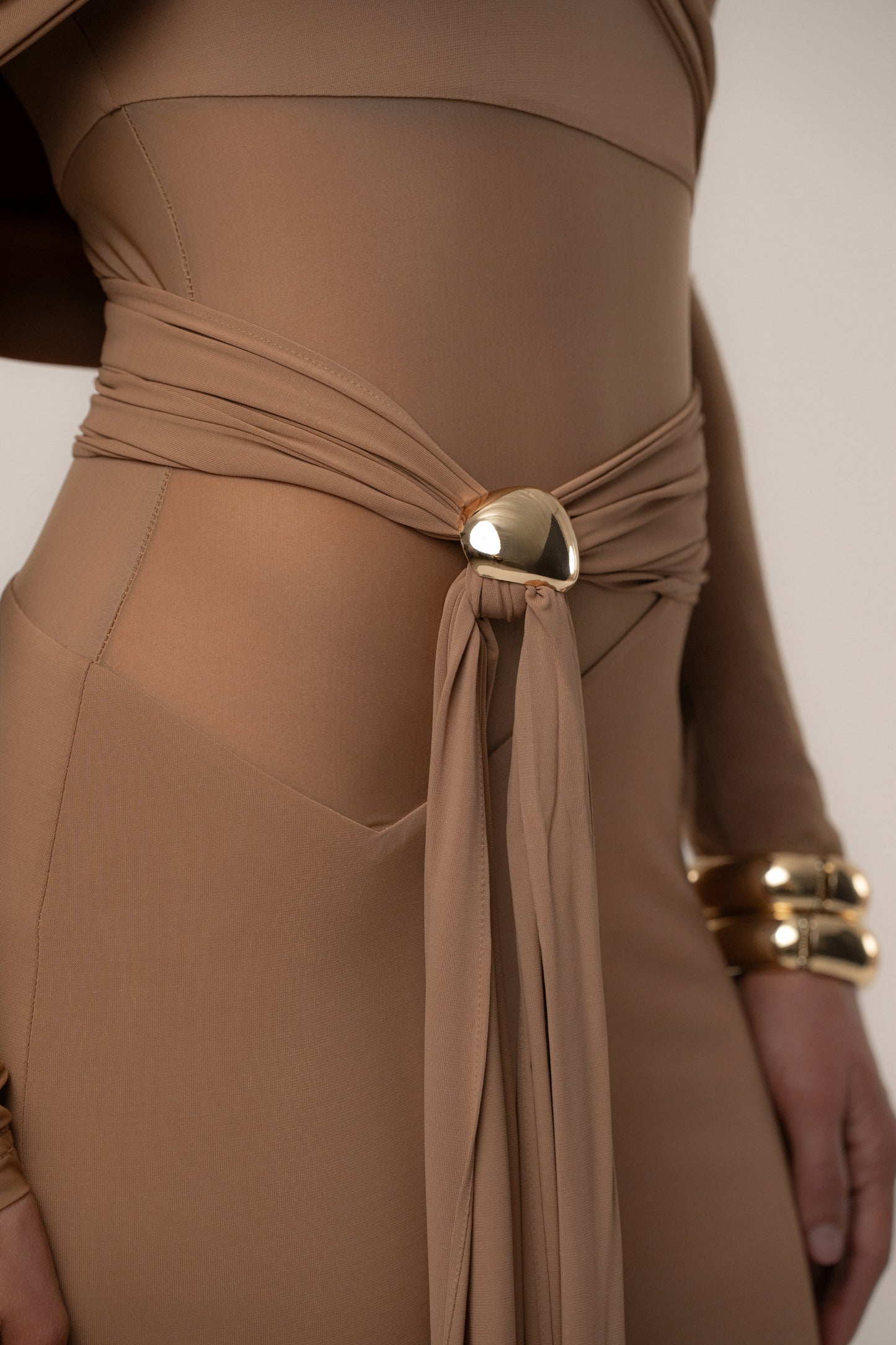 Beige Glow State Drape Dress JLUXLABEL