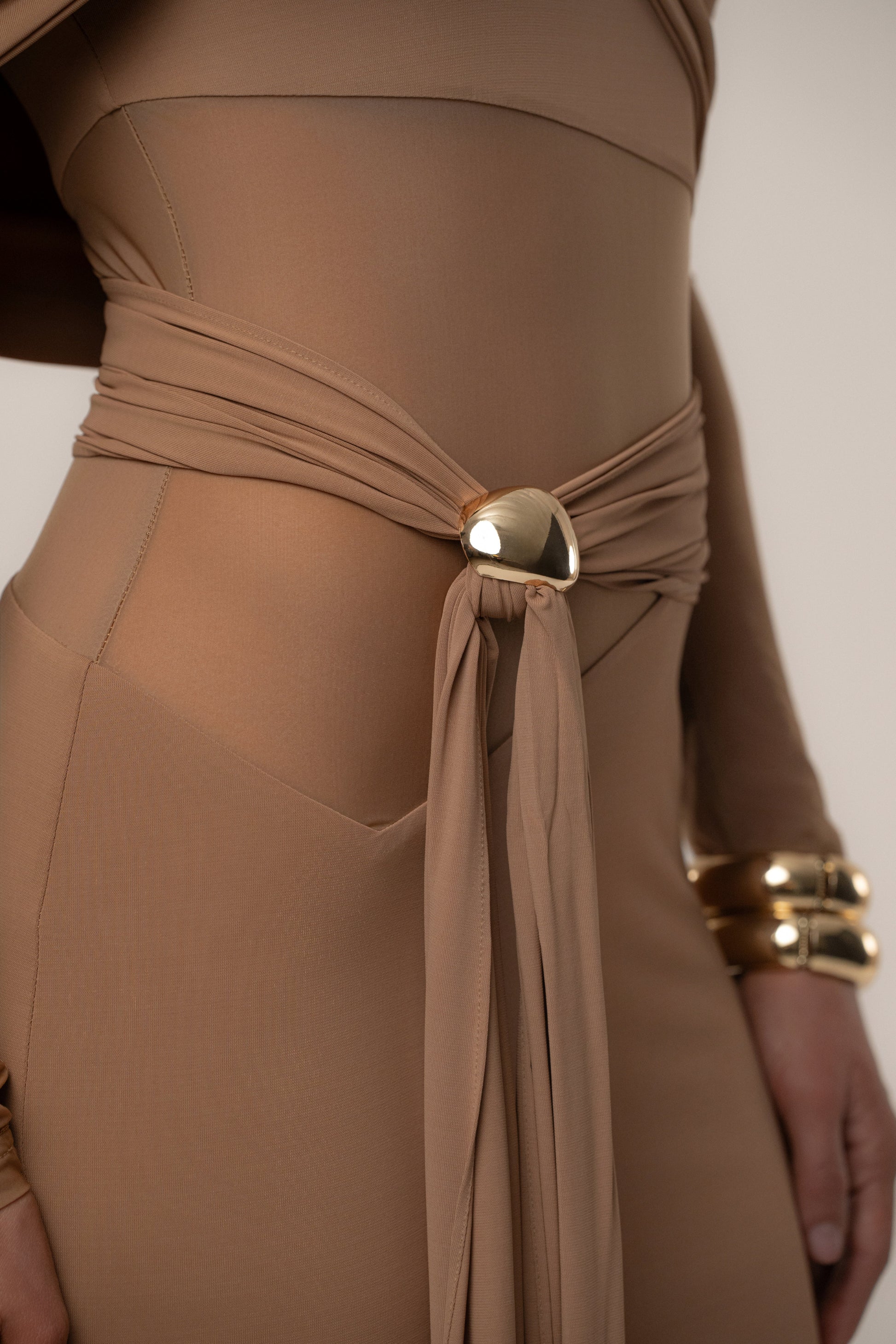 Beige Glow State Drape Dress JLUXLABEL