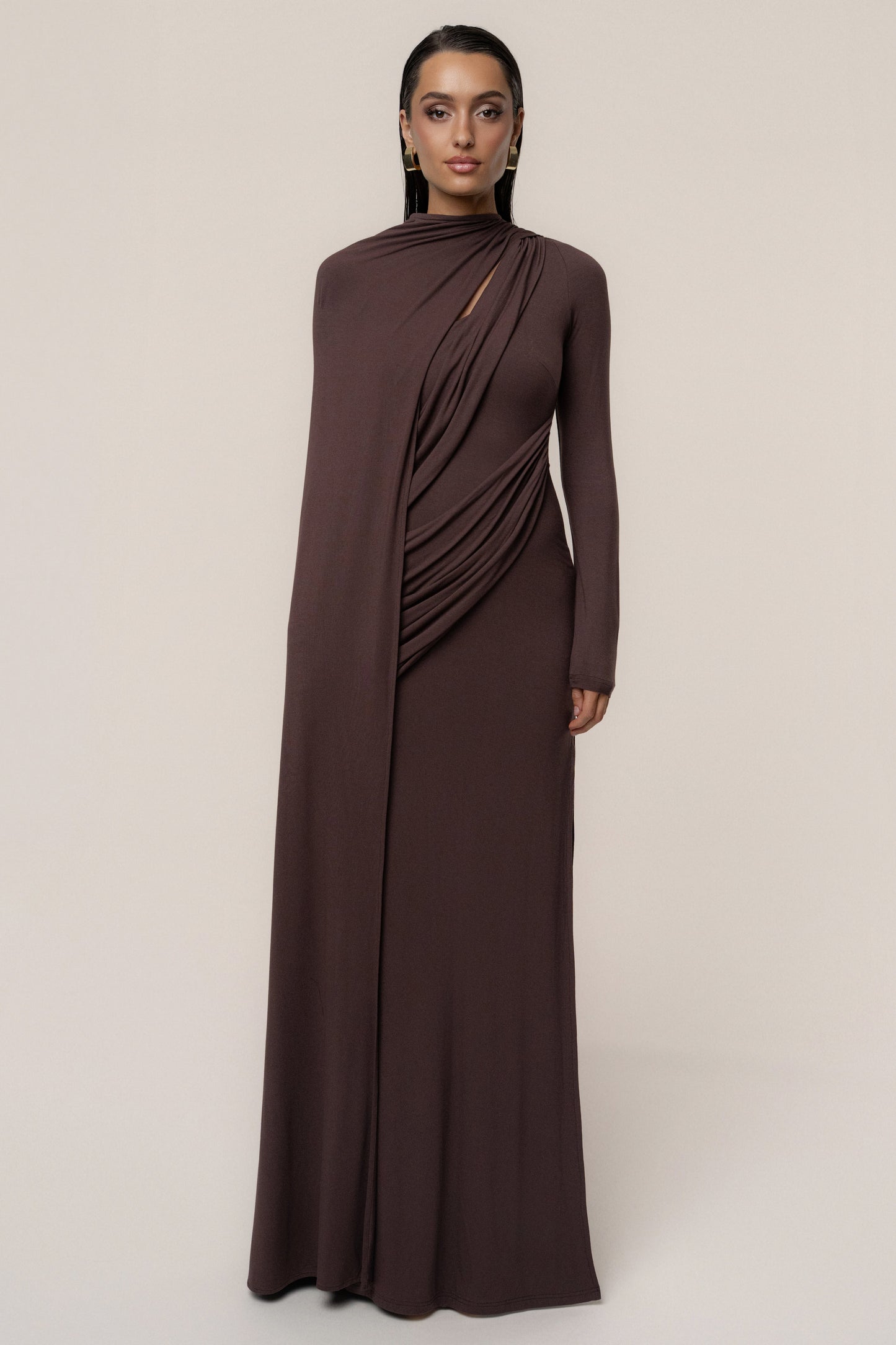 Chocolate Draped Elegance Cape Dress JLUXLABEL