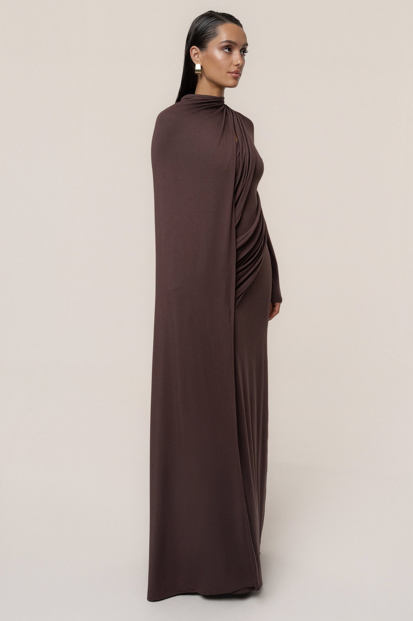 Chocolate Draped Elegance Cape Dress JLUXLABEL