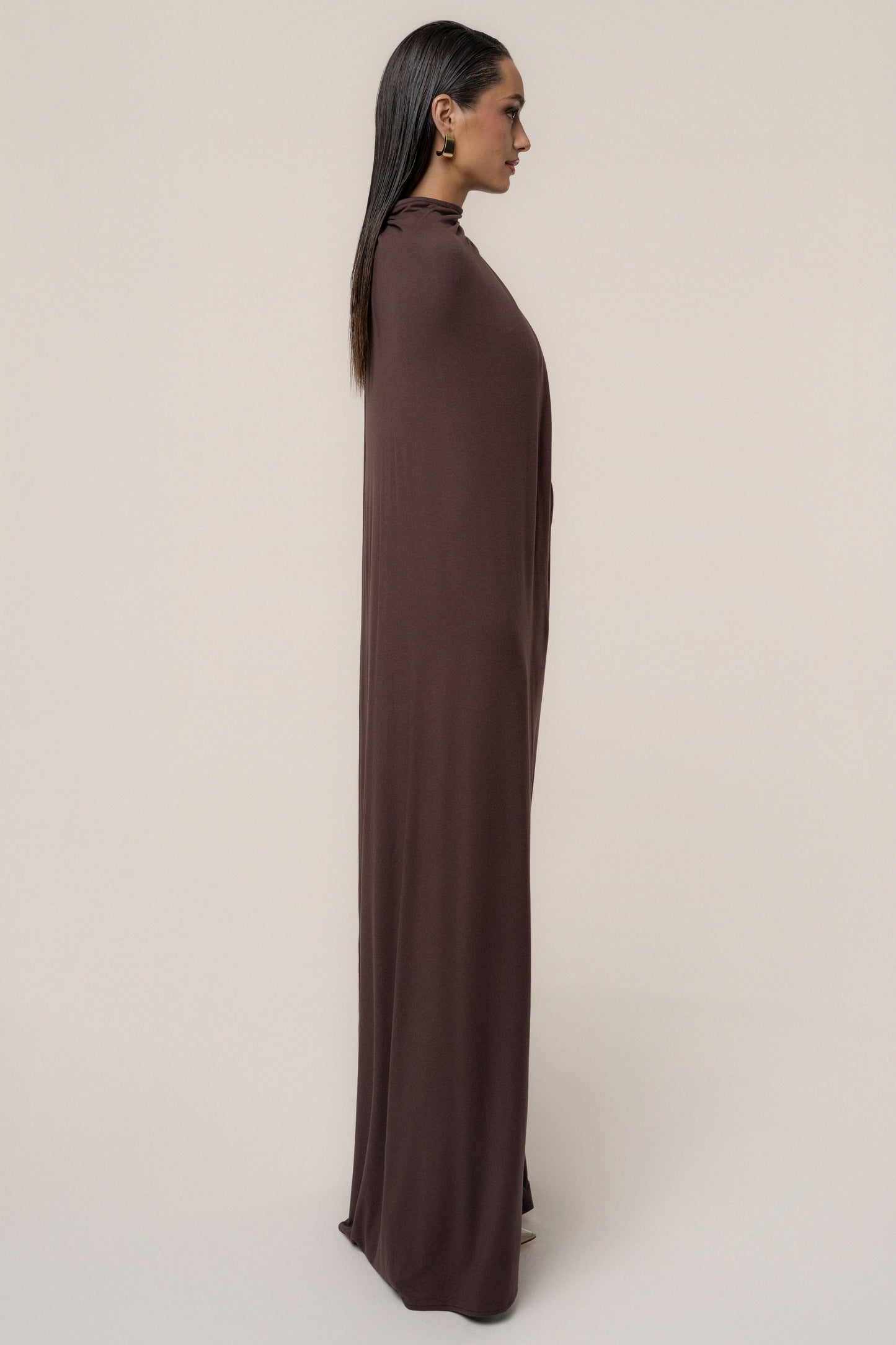 Chocolate Draped Elegance Cape Dress JLUXLABEL