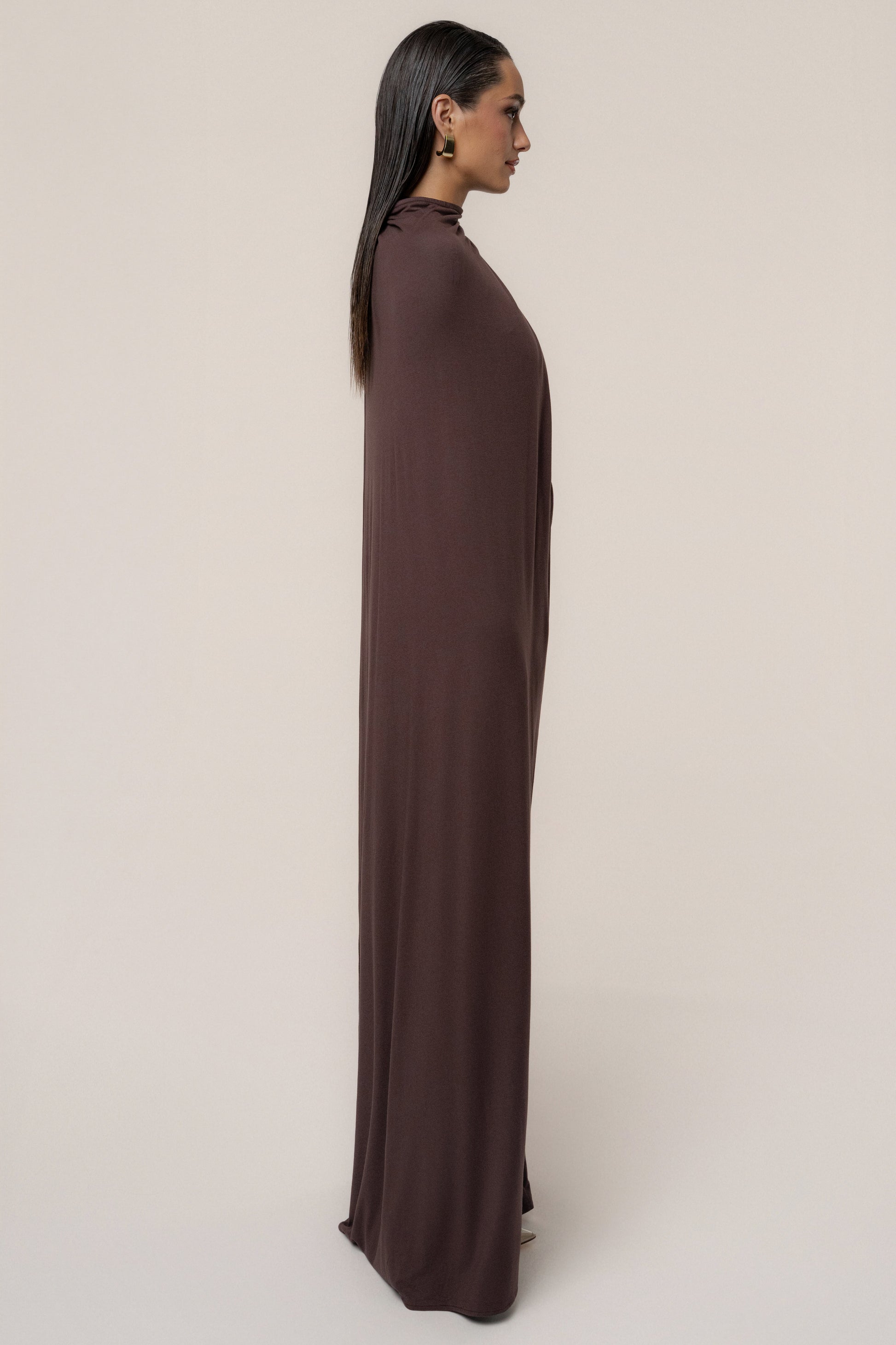 Chocolate Draped Elegance Cape Dress JLUXLABEL