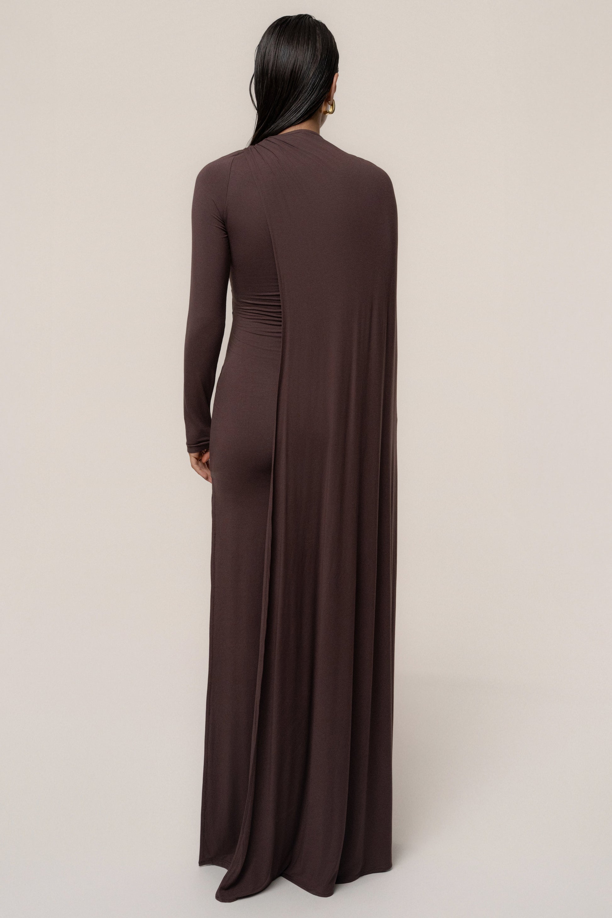 Chocolate Draped Elegance Cape Dress JLUXLABEL