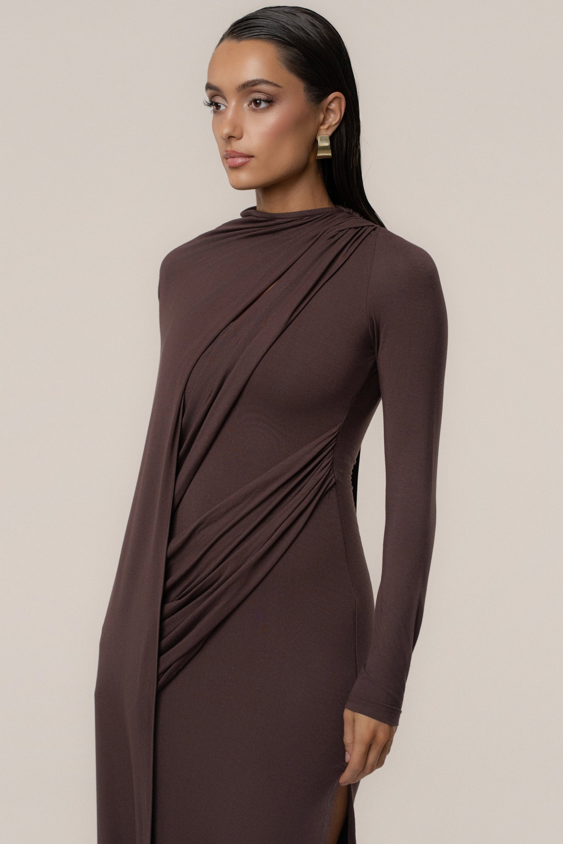 Chocolate Draped Elegance Cape Dress JLUXLABEL