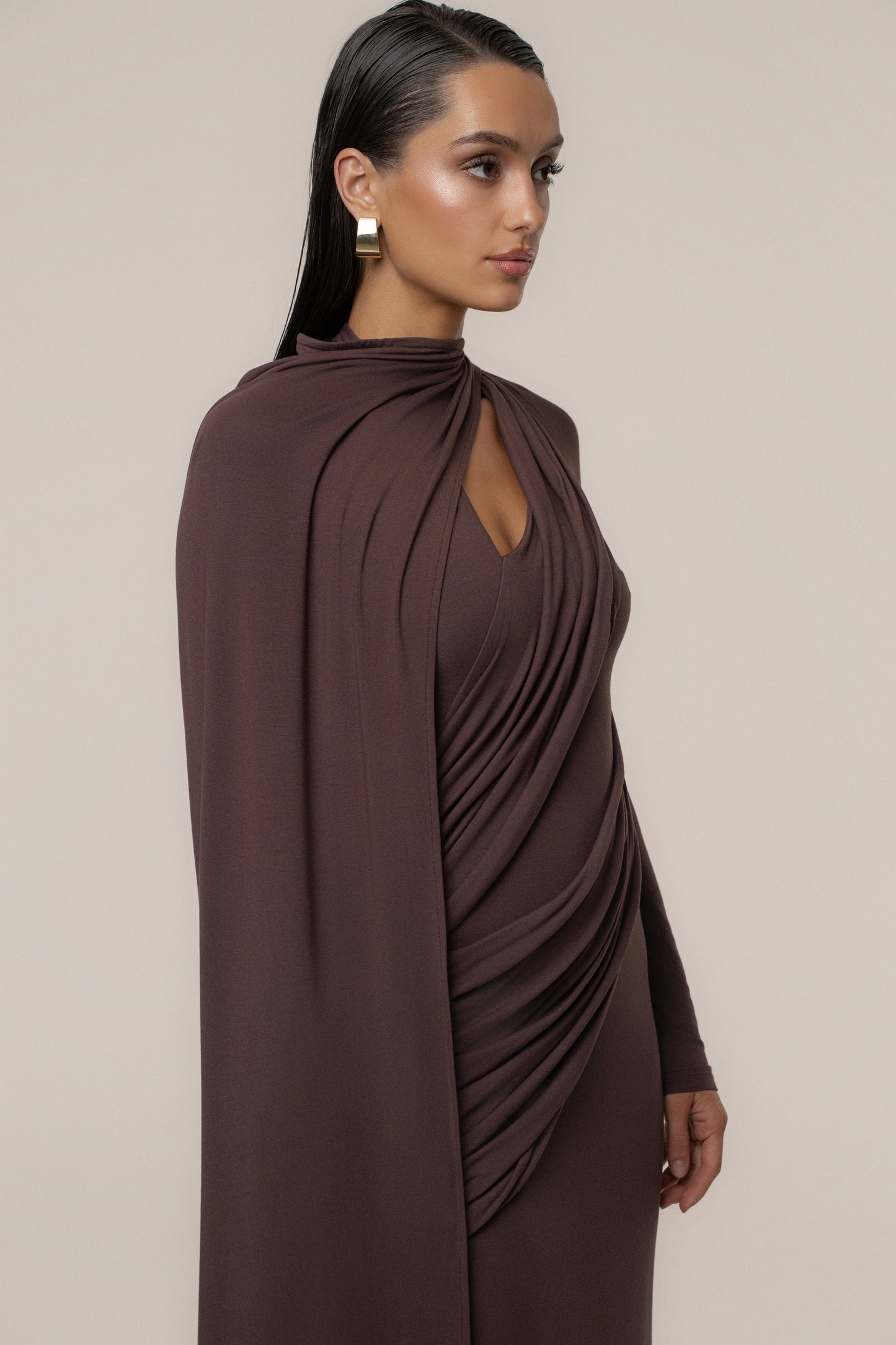 Chocolate Draped Elegance Cape Dress JLUXLABEL