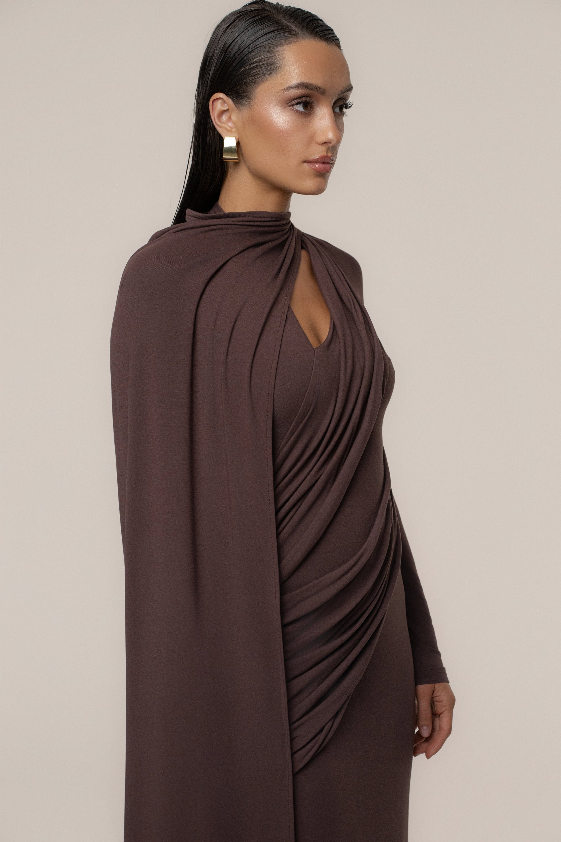 Chocolate Draped Elegance Cape Dress JLUXLABEL