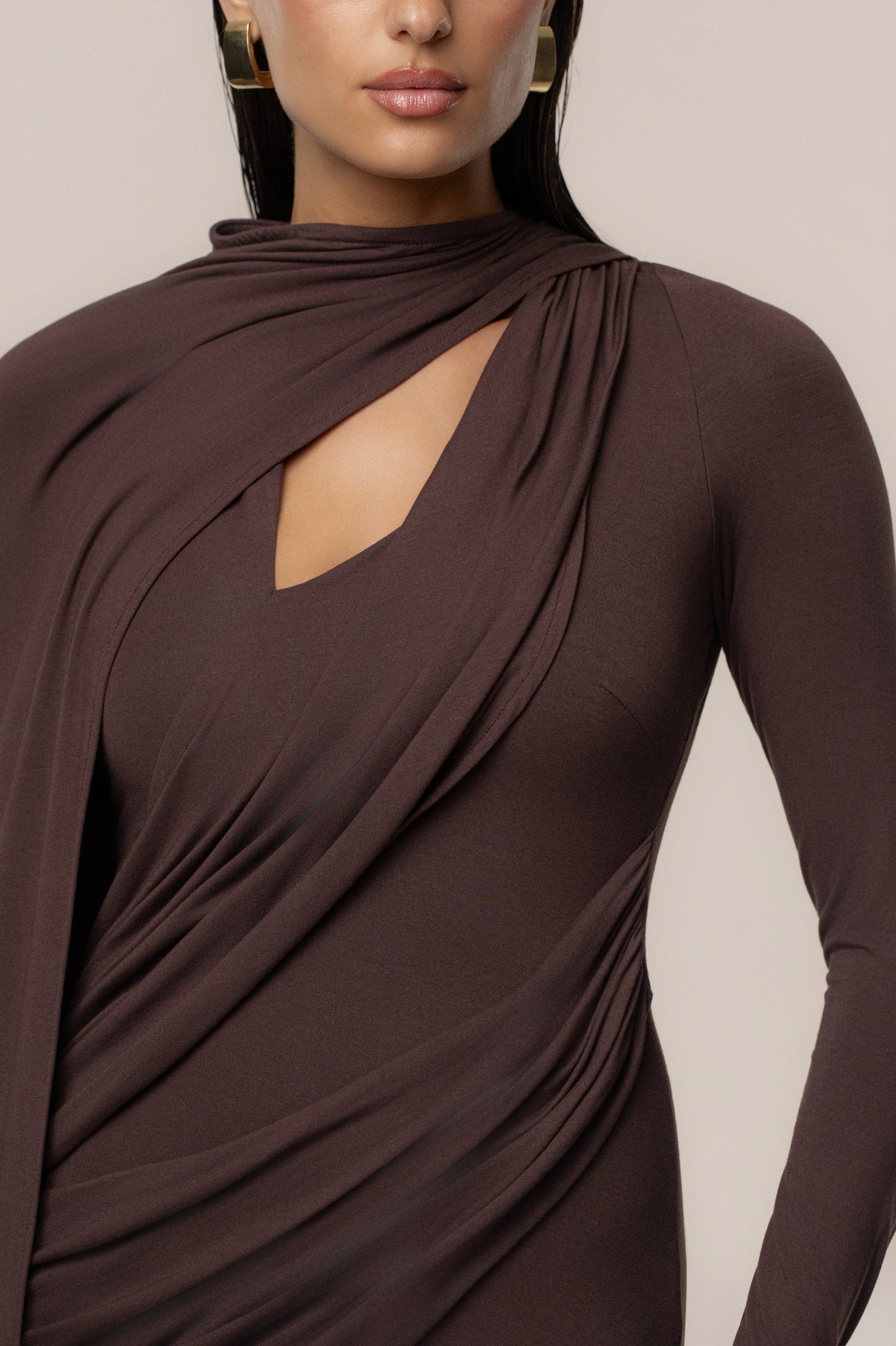 Chocolate Draped Elegance Cape Dress JLUXLABEL
