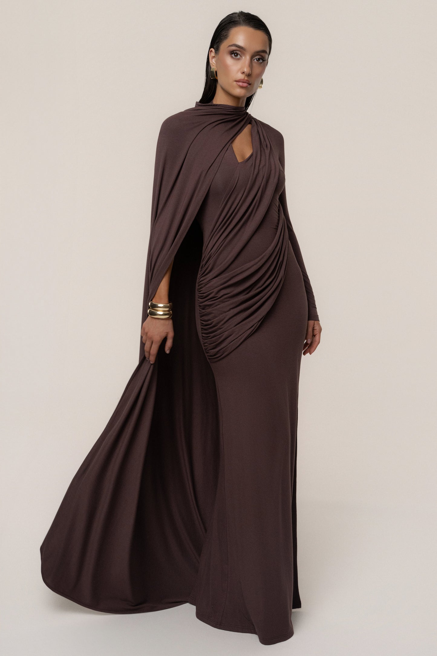 Chocolate Draped Elegance Cape Dress JLUXLABEL