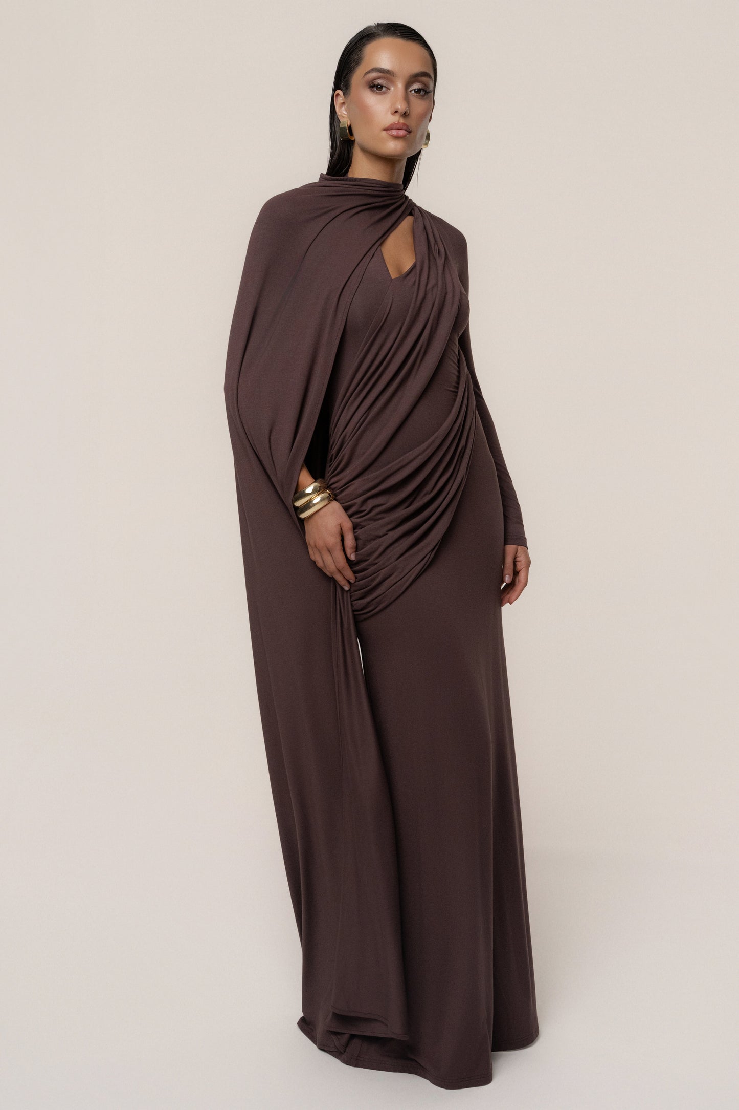 Chocolate Draped Elegance Cape Dress JLUXLABEL