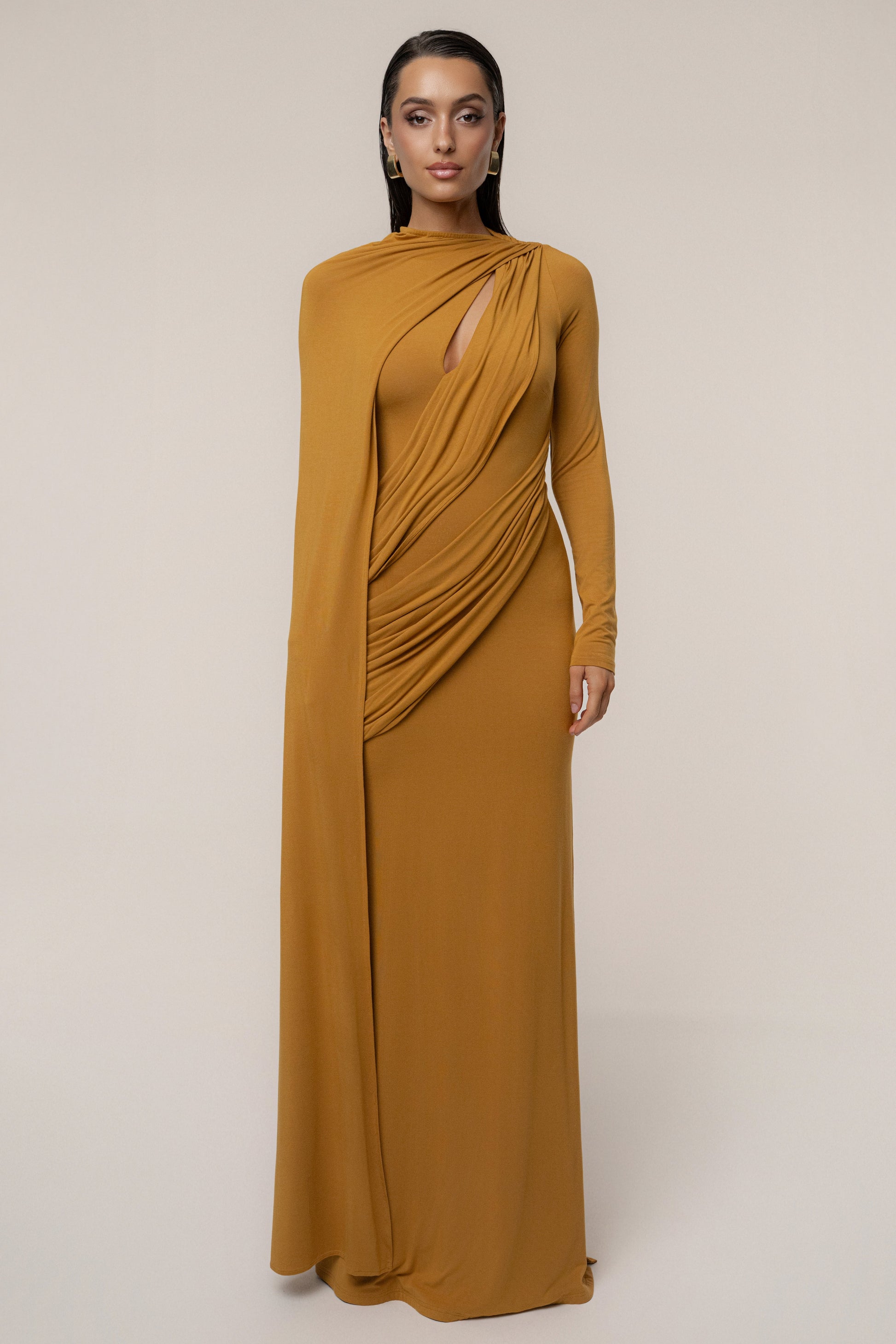 Gold Draped Elegance Cape Dress JLUXLABEL