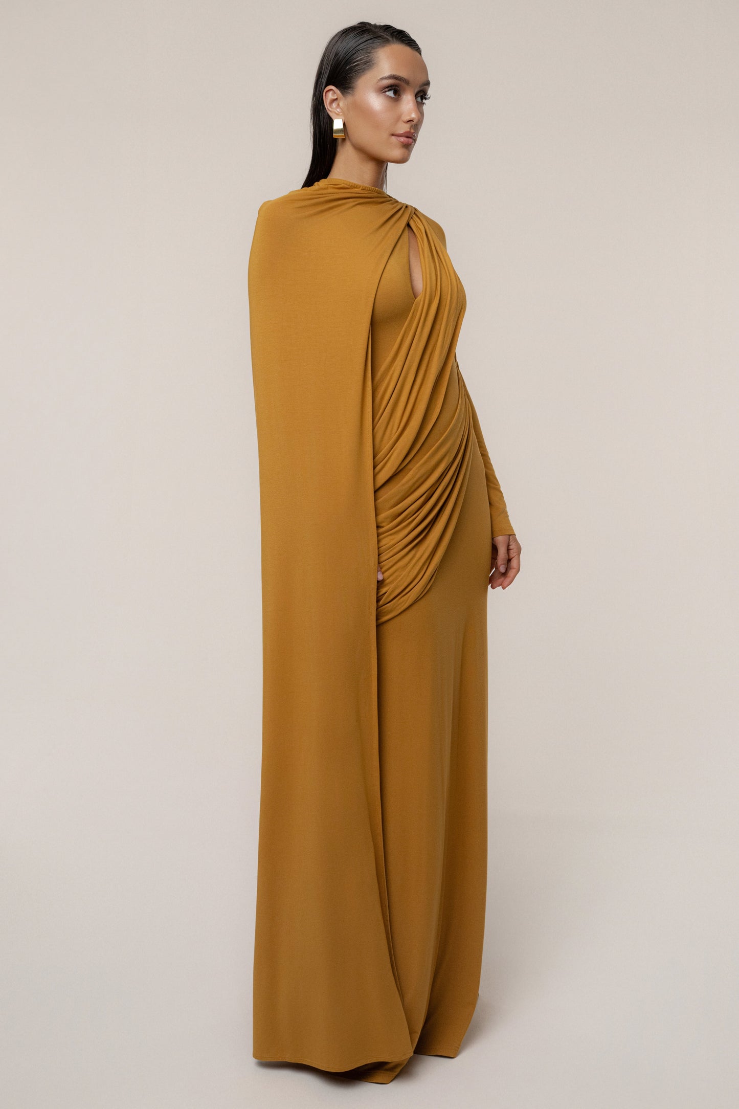 Gold Draped Elegance Cape Dress JLUXLABEL