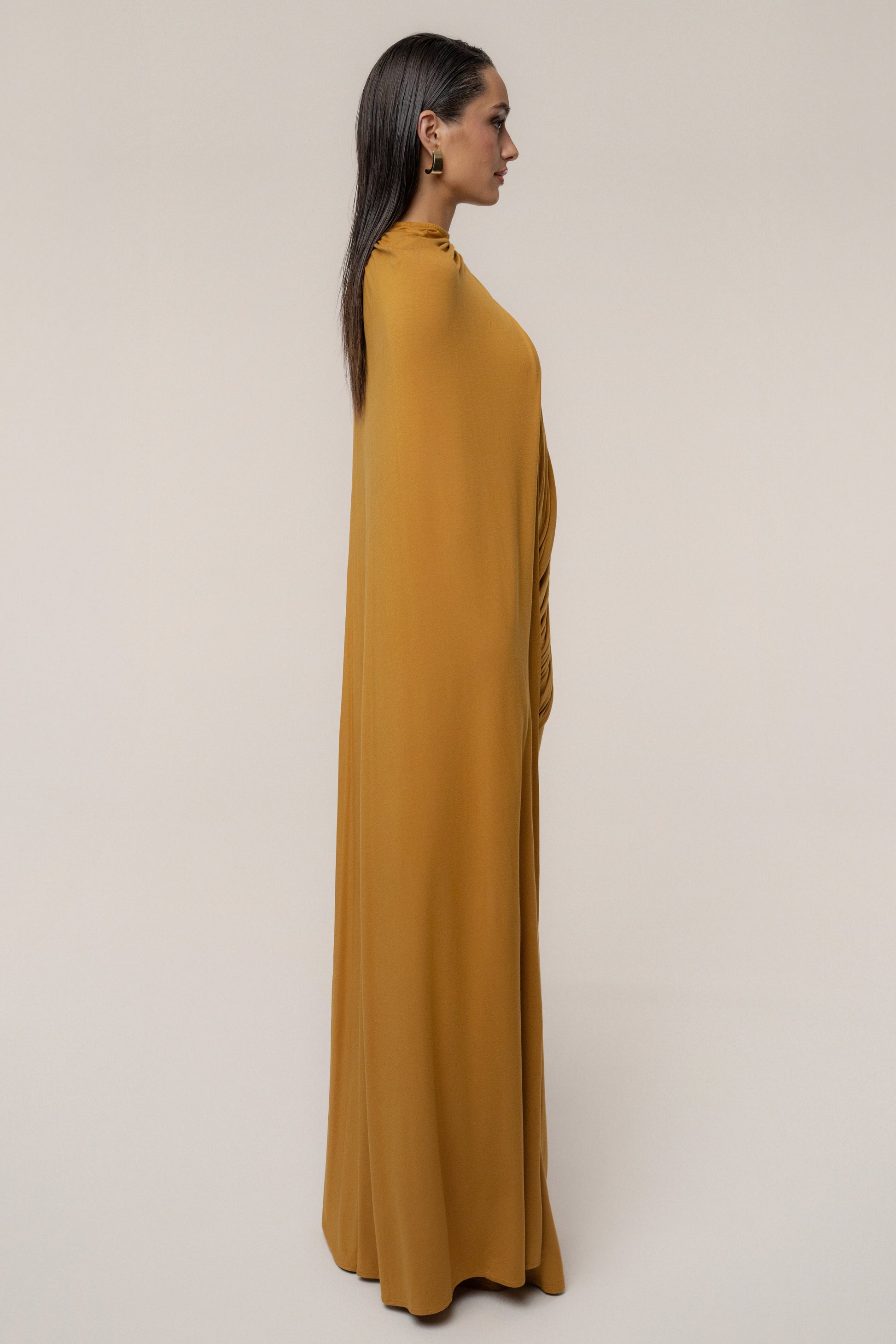 Gold Draped Elegance Cape Dress JLUXLABEL