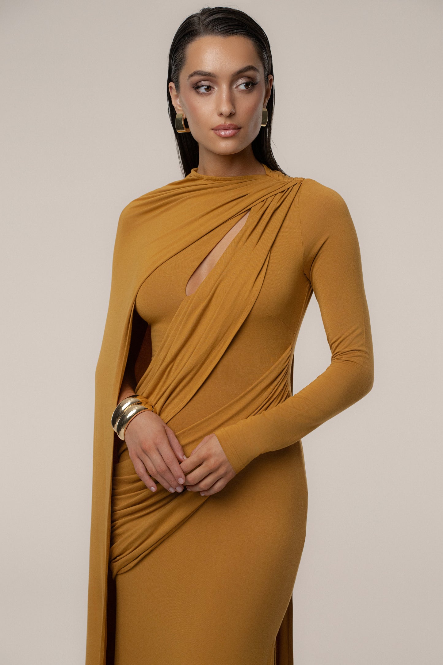 Gold Draped Elegance Cape Dress JLUXLABEL