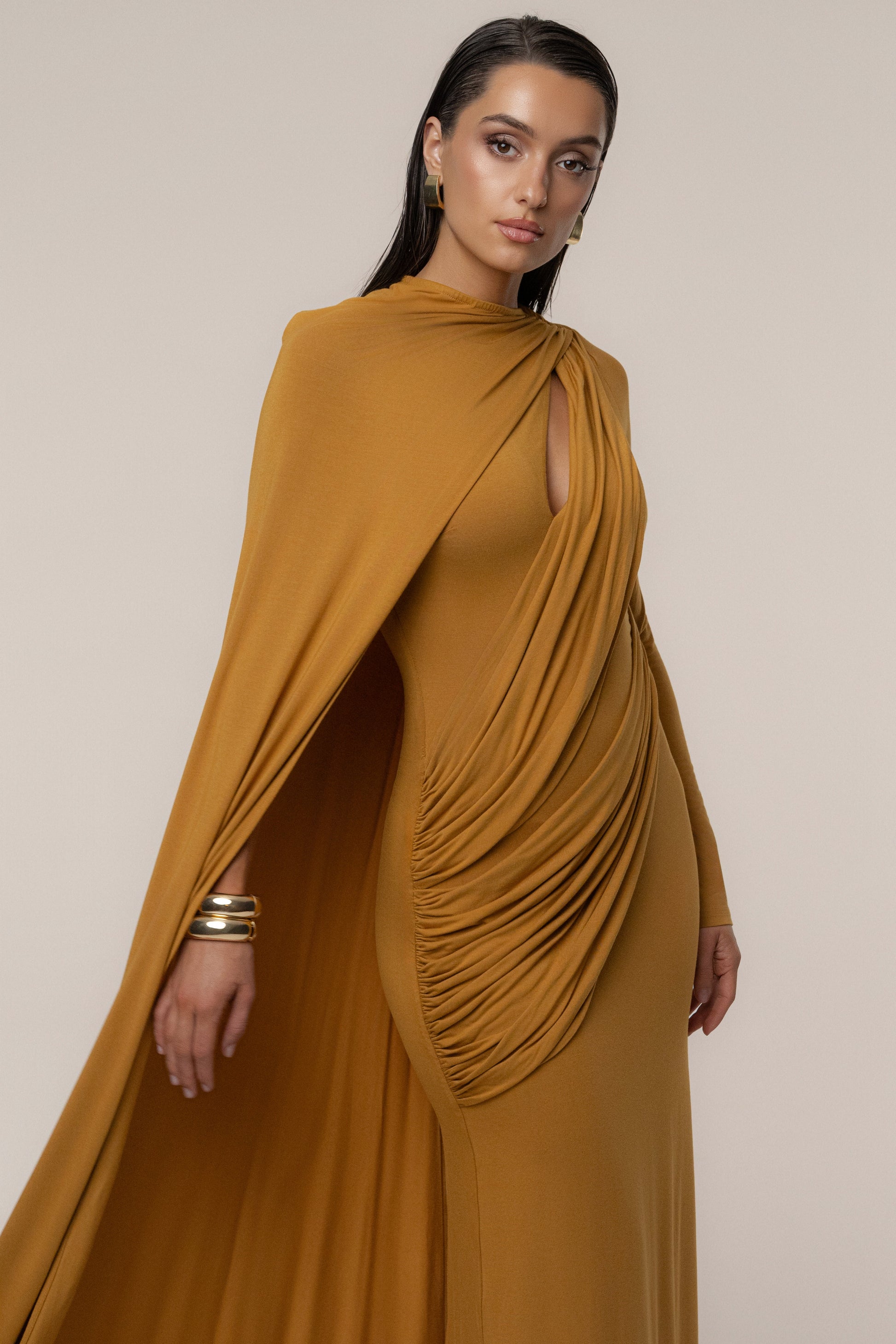 Gold Draped Elegance Cape Dress JLUXLABEL