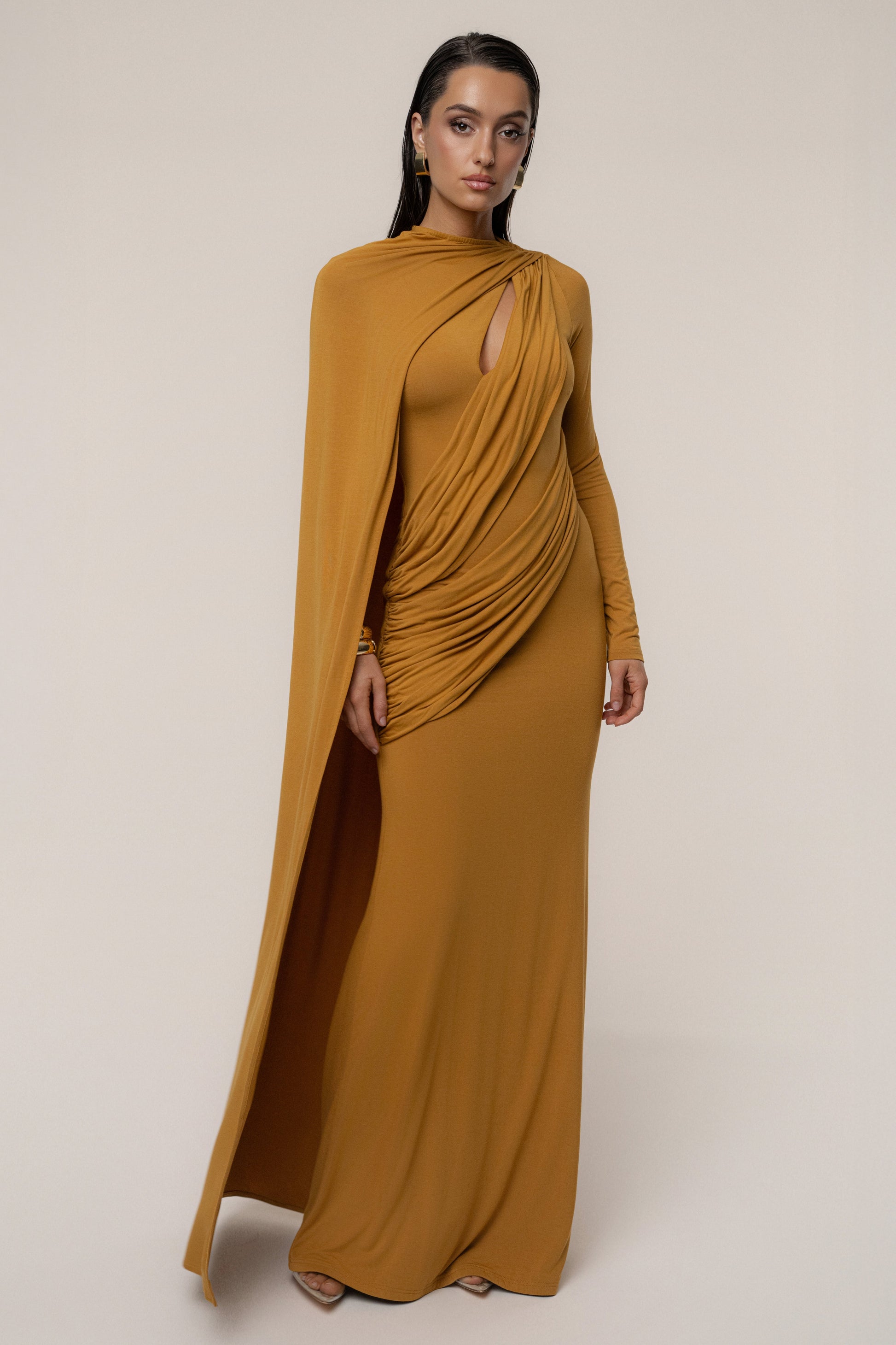 Gold Draped Elegance Cape Dress JLUXLABEL