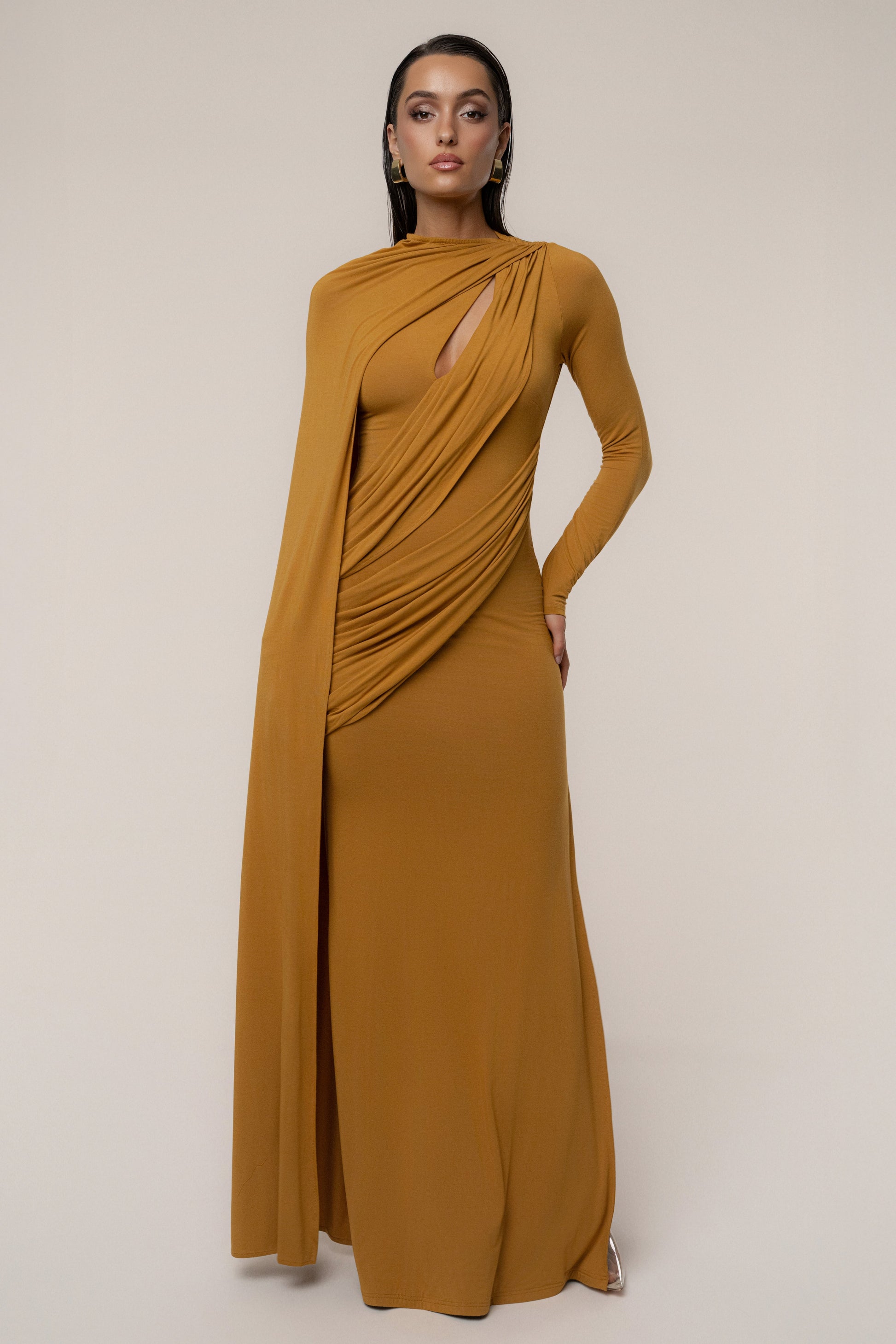 Gold Draped Elegance Cape Dress JLUXLABEL
