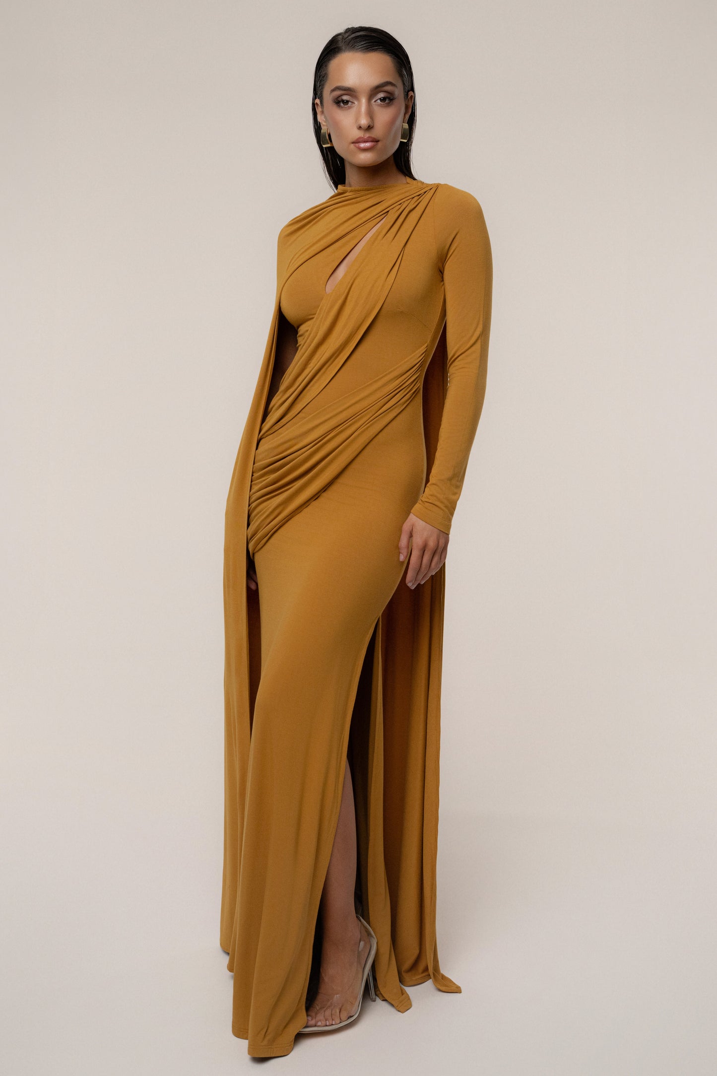Gold Draped Elegance Cape Dress JLUXLABEL