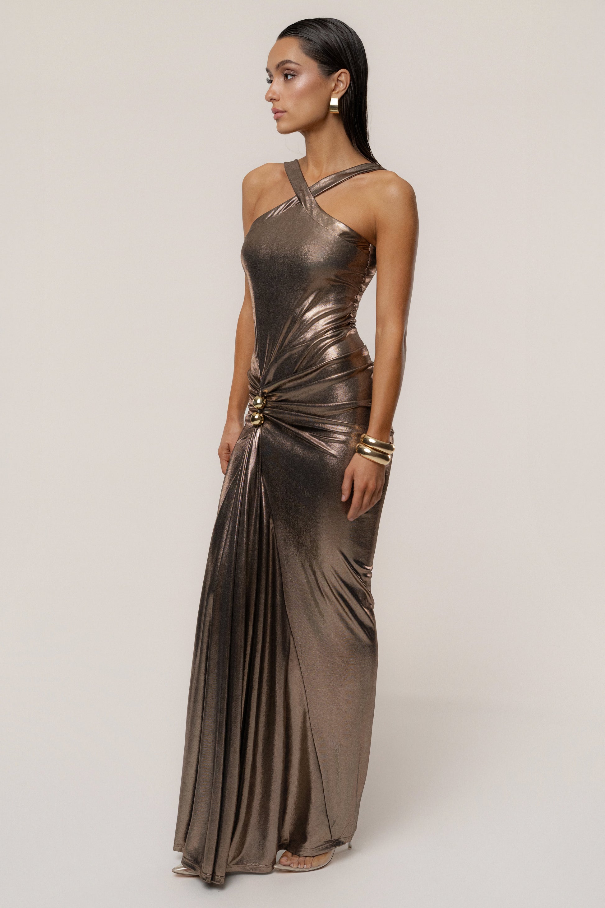 Bronze Izabel Draped Maxi Gown JLUXLABEL