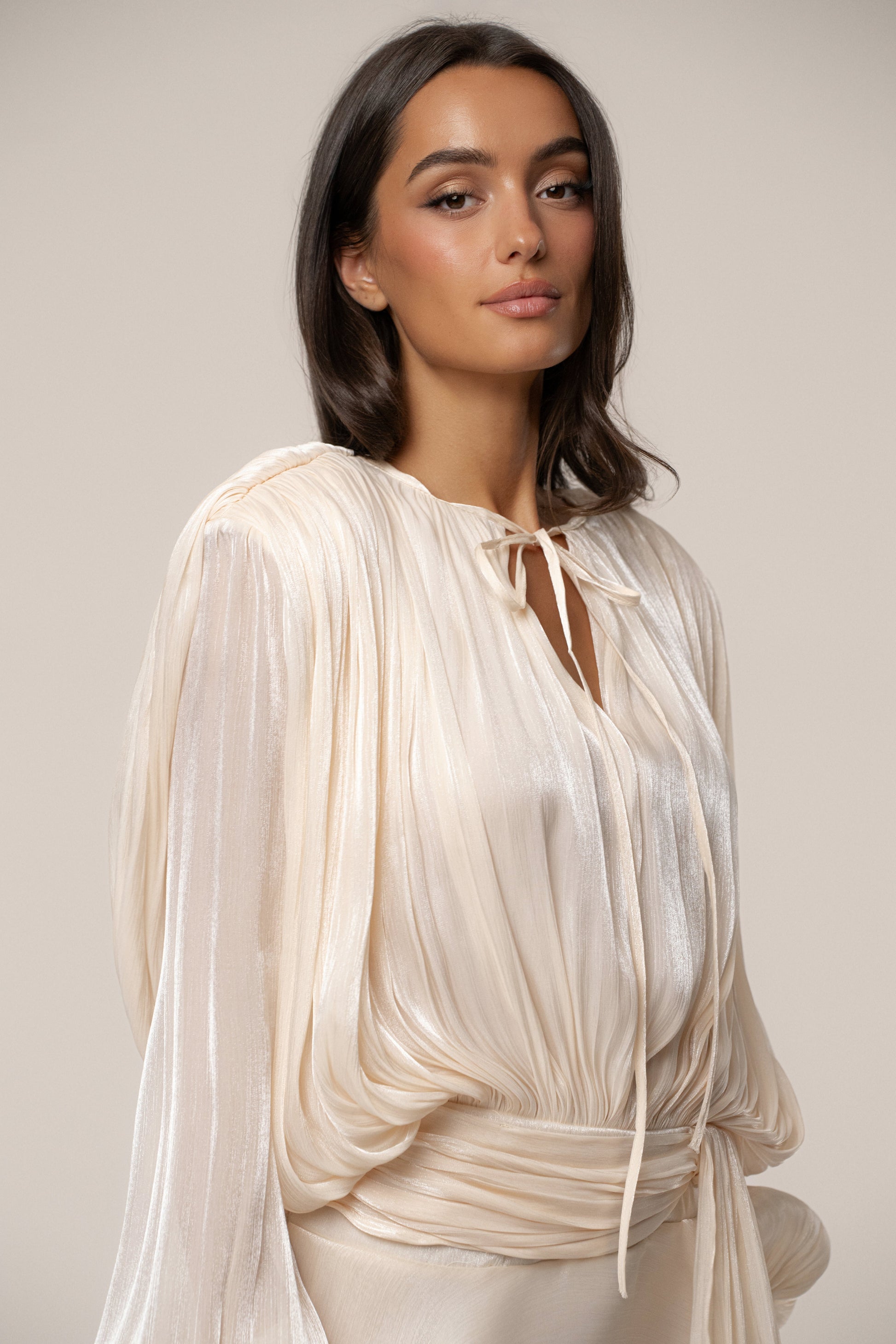 Cream Pure Glow Draped Mini Dress JLUXLABEL