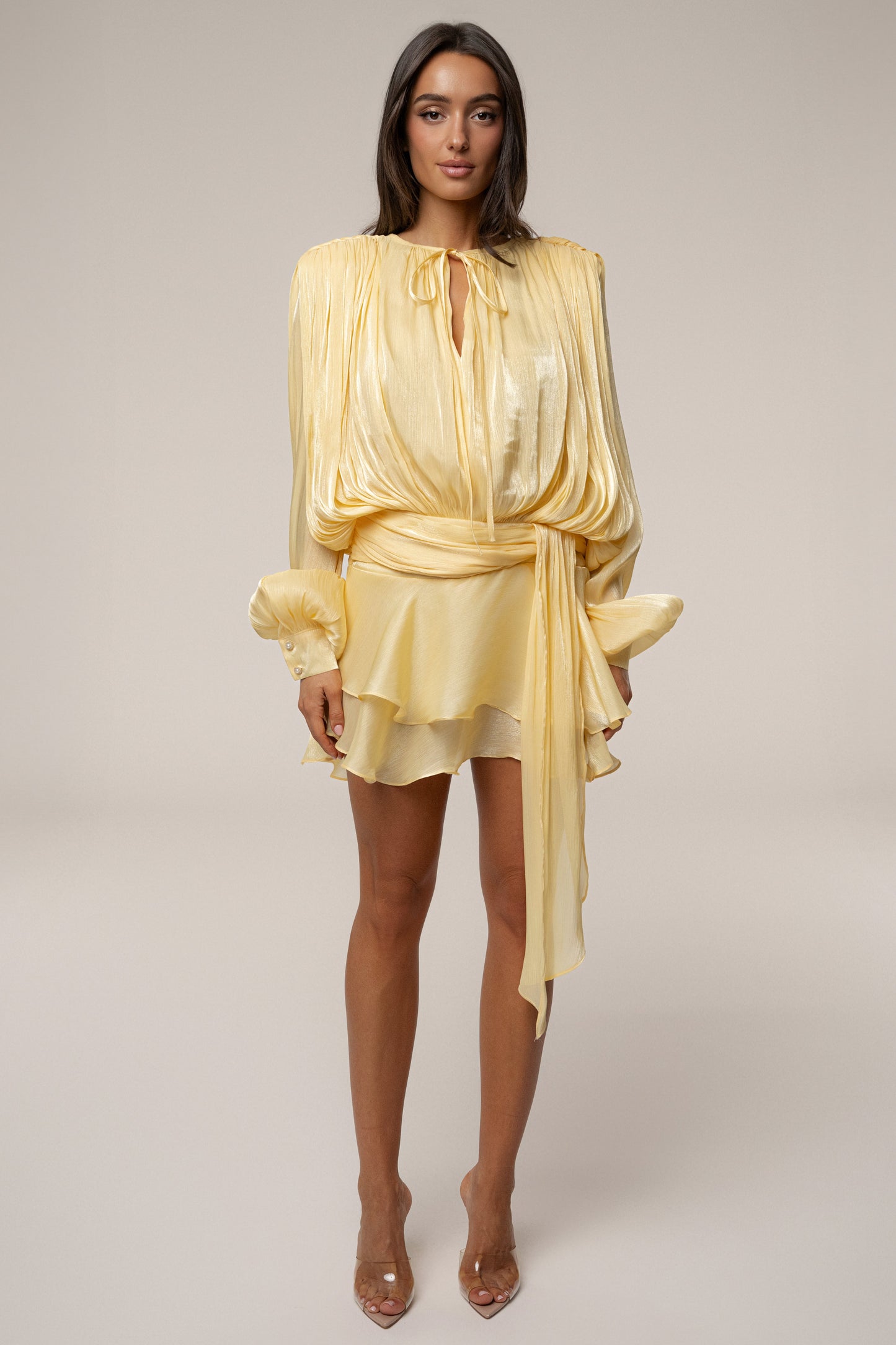 Yellow Pure Glow Draped Mini Dress JLUXLABEL