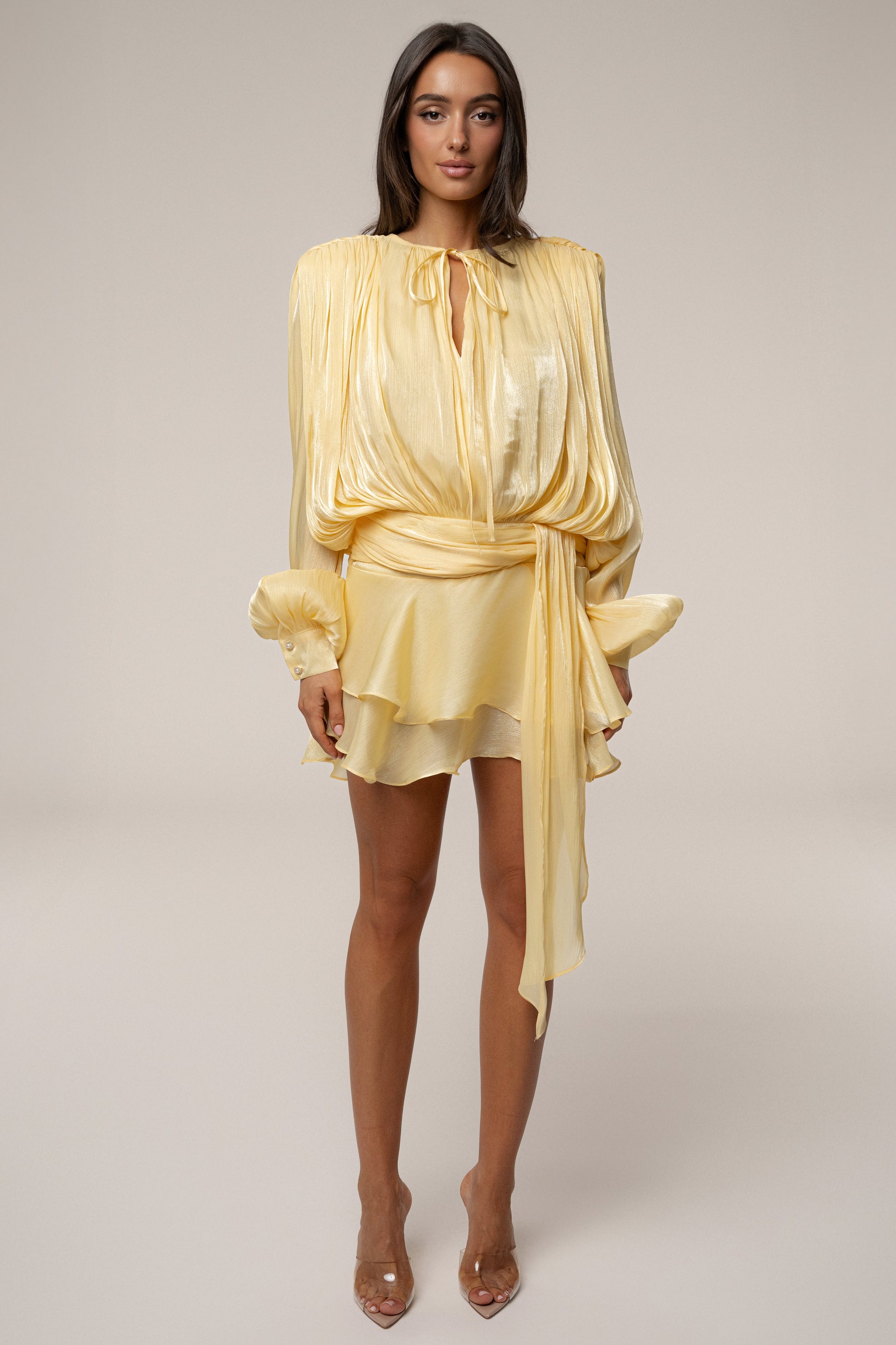 Yellow Pure Glow Draped Mini Dress JLUXLABEL